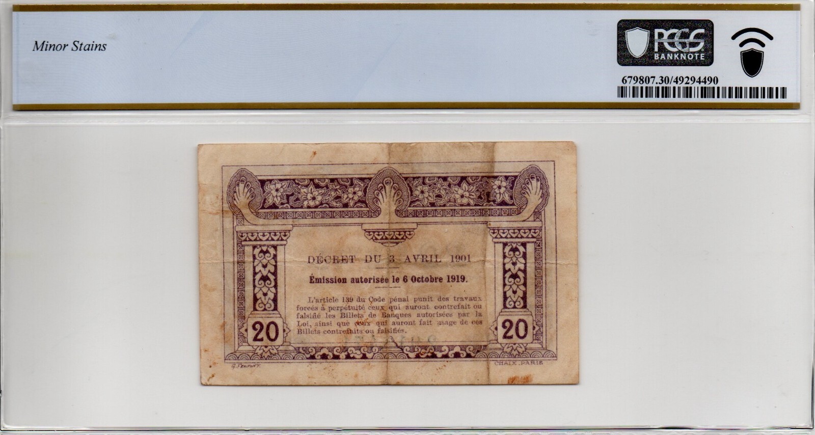 French Indochina 20 Cents 1920 Pick 45a (PCGS 30 VF)