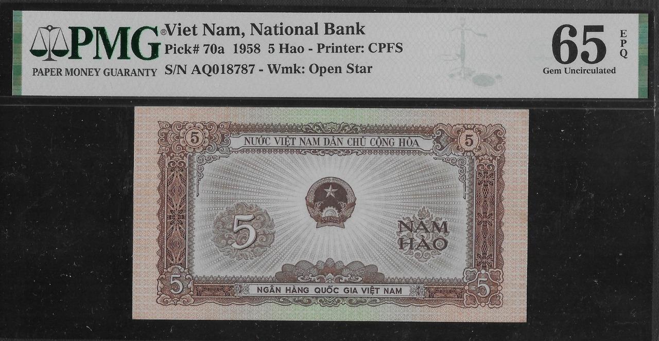 Vietnam P-70a 5 Hao 1958 PMG 65 EPQ