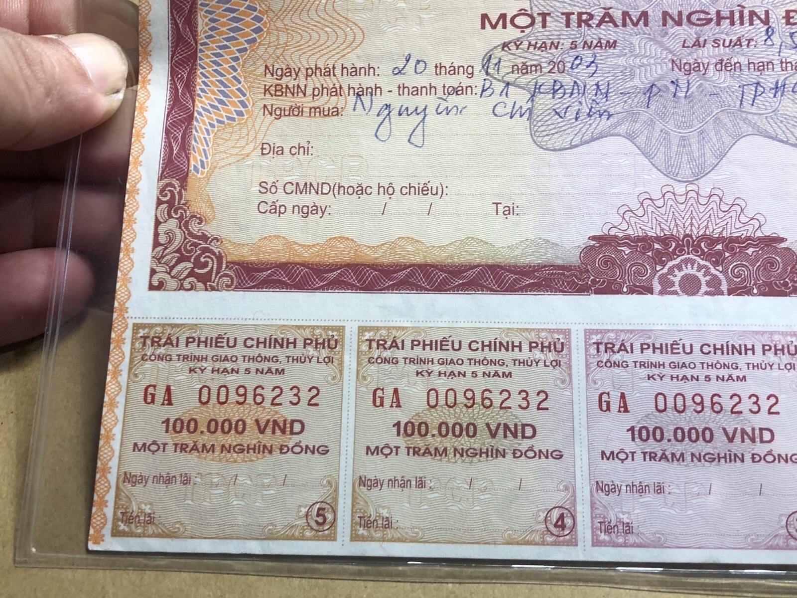 100,000 Dong Payment Bond Cheque Unpaid 2003 Original Vintage Rare_LDP Shop.