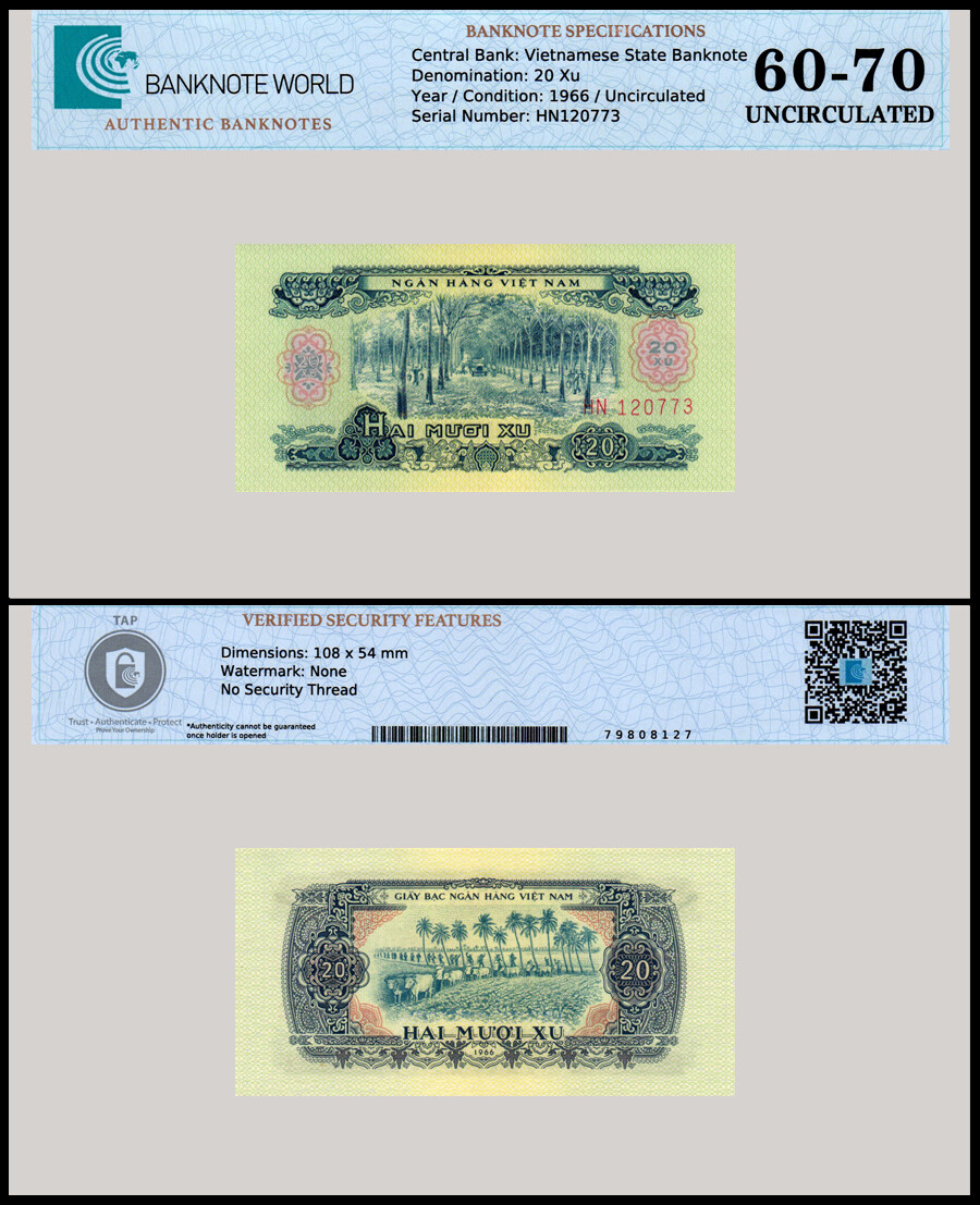 South Vietnam 20 Xu, 1966 (1975 ND), P-38a, UNC, Authenticated Banknote