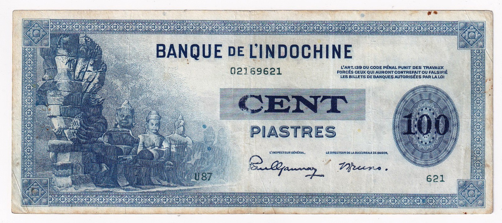 Indochina 1945 100 Piastres P. 78a. Nice grade Serial # 02169621