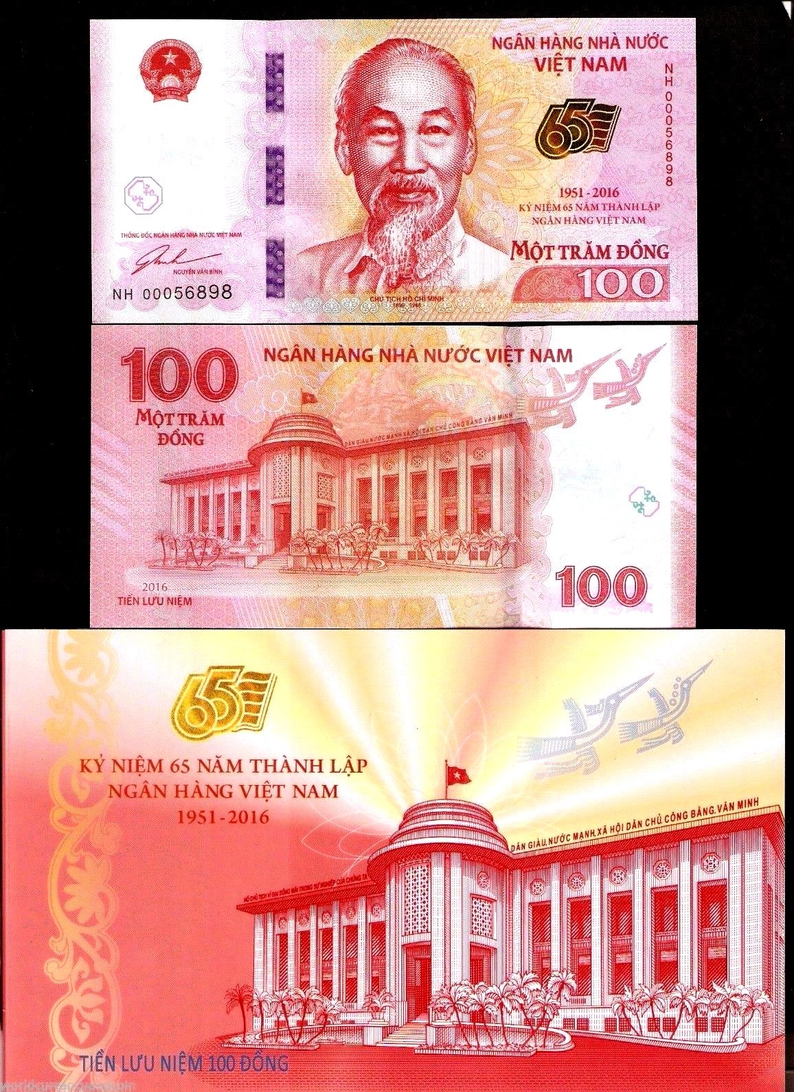 VIETNAM 100 Dong VND 2016 x 100 Pc Lot Bundle Commemorative 65th UNC Folder NOTE