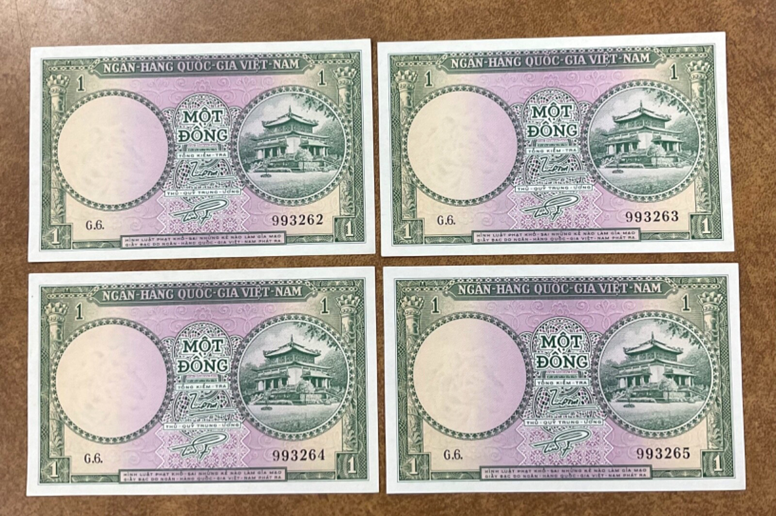 1956 Vietnam P1, 1 Dong, temple & gardens 4 consecutive serial #s.