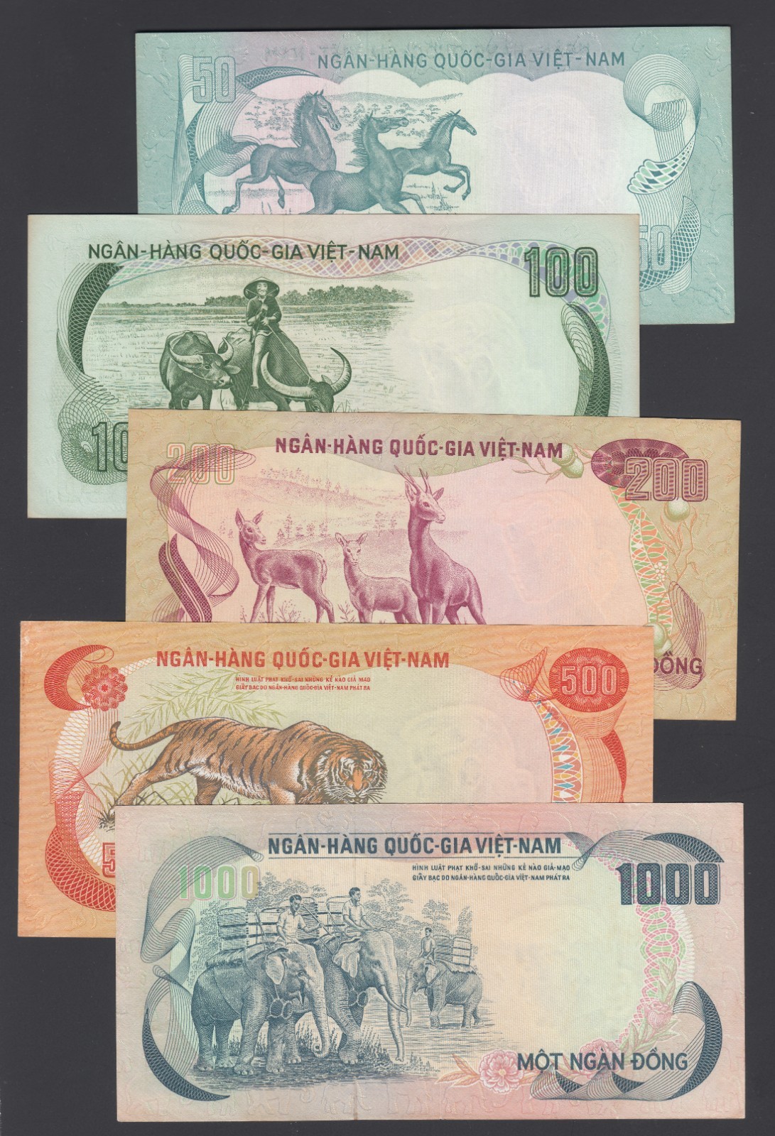 1972-1975 South Vietnam Republic Complete Set of 5 UNC Bank Notes, P#30-34.