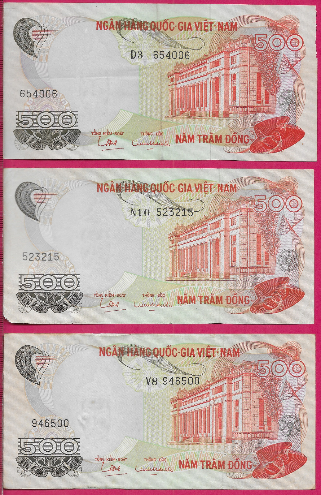 VIETNAM SOUTH 500 DONG 1970 XF 3 NOTES D3-N10-V8,ISSUING REGIME:SECOND REPUBLIC