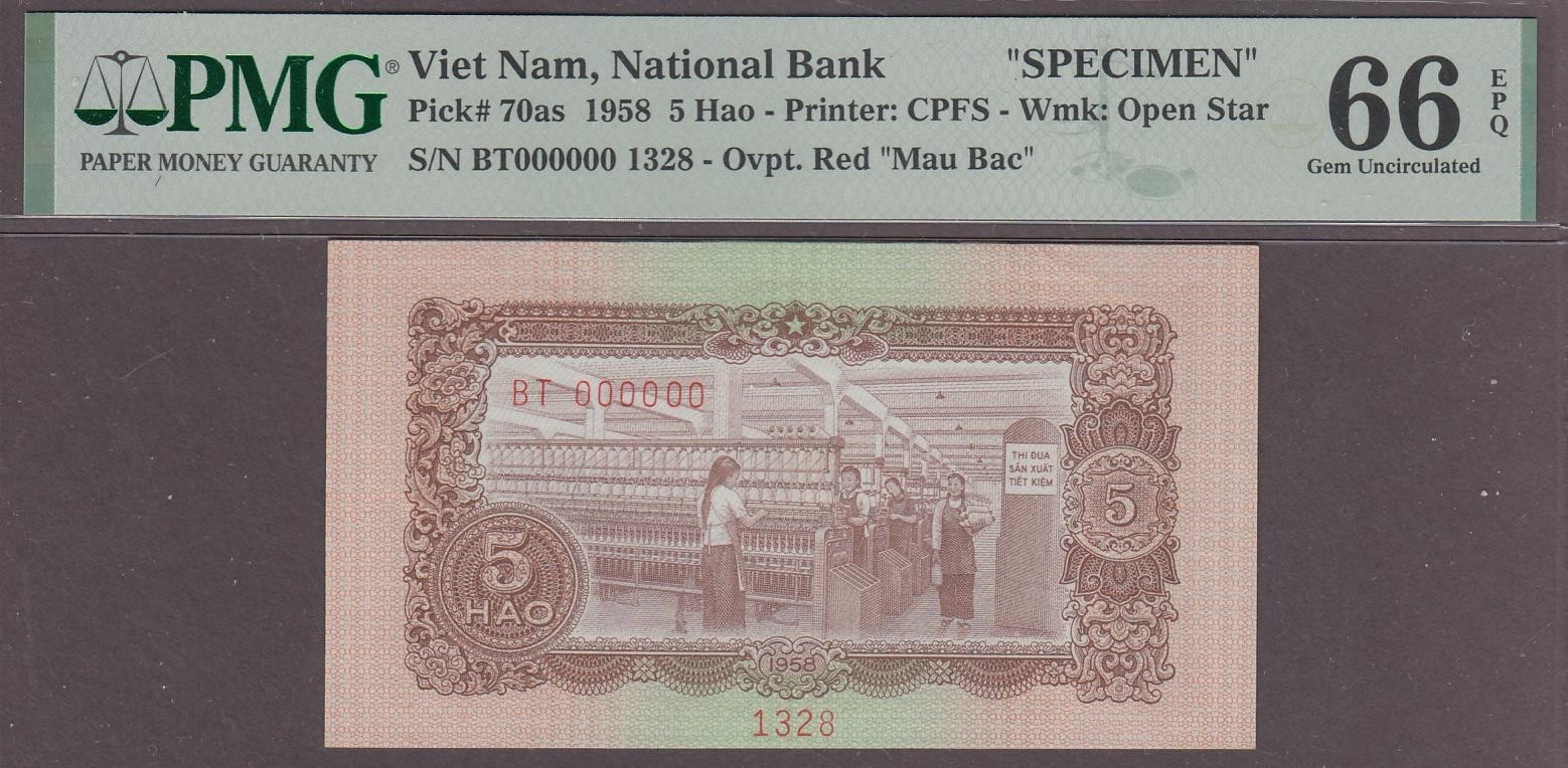 Vietnam, National Bank 5 Hao Specimen Banknote P-70as ND 1958 PMG 66EPQ