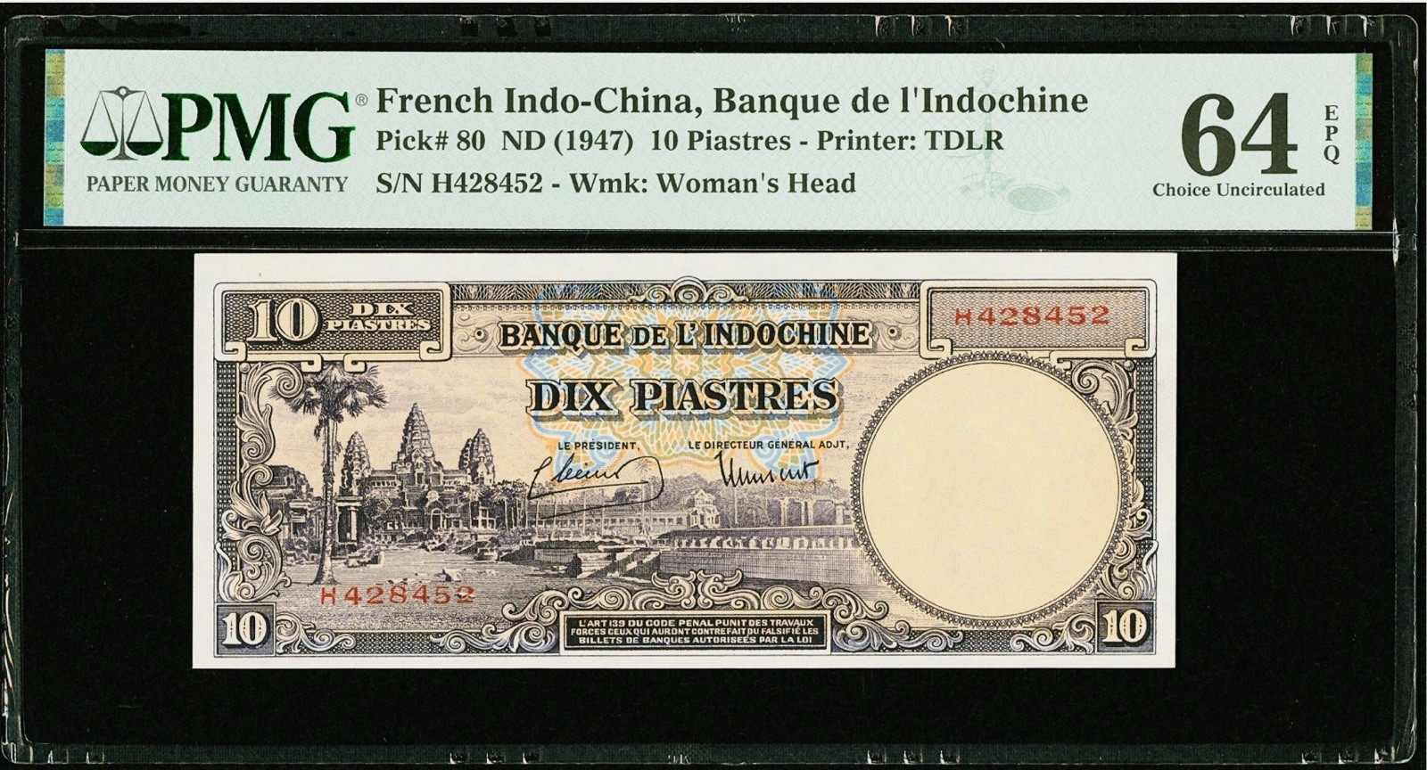 10 Piastres ND (1947) French Indo-China Banque De L’Indochine PMG 64 EPQ CU