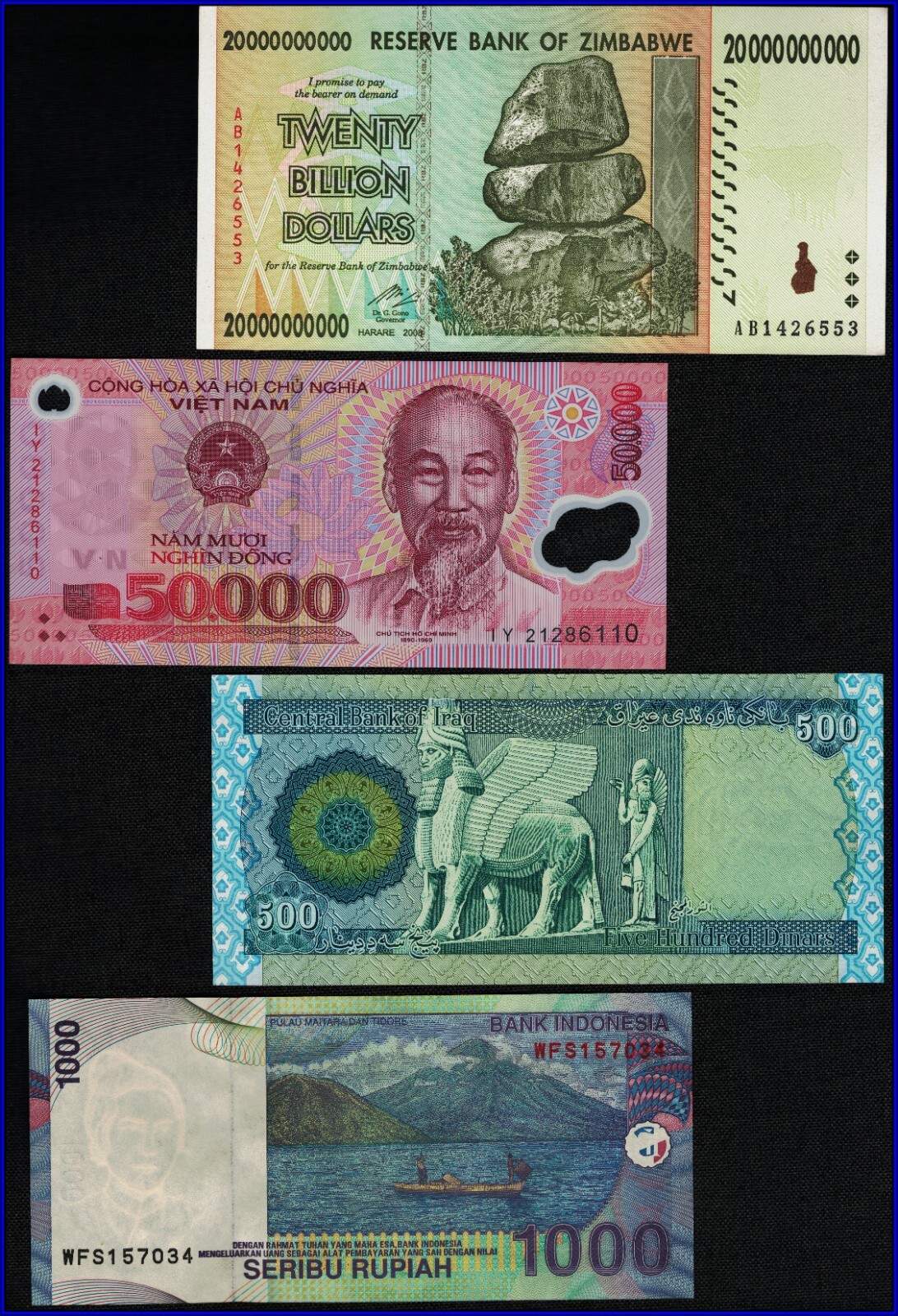 20 Billion Zimbabwe Dollars, 50000 Vietnam Dong, 500 Iraq Dinars, 1000 Indonesia