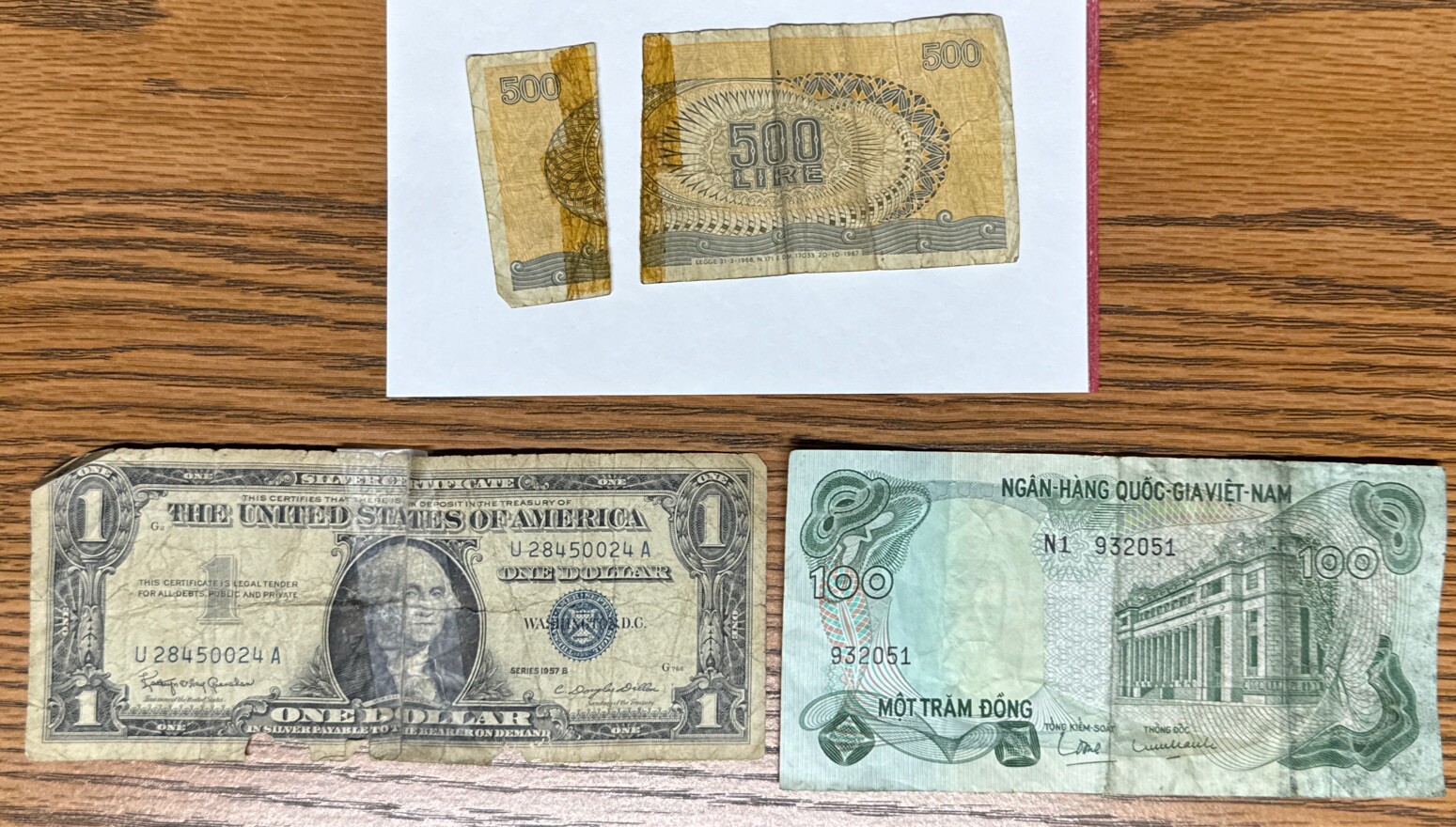 Lot Of 3 Bank Notes US, Italy, & N. Vietnam Currency Dollar Lire Dong