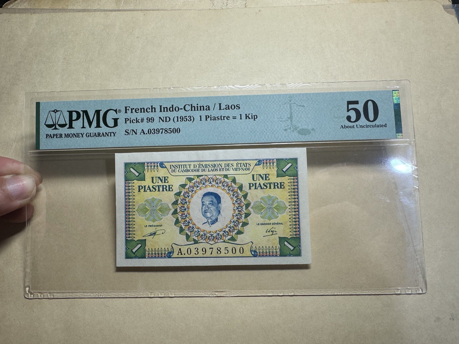 1 Piastre Indochine Banknote Laos PMG-50 Aunc 1953 Rare_LDP Shop.