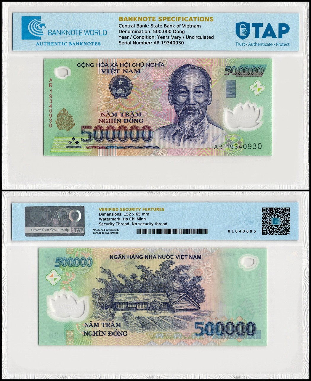 Vietnam 500000 Dong, Random Year, P-124, UNC, Polymer, Authenticated