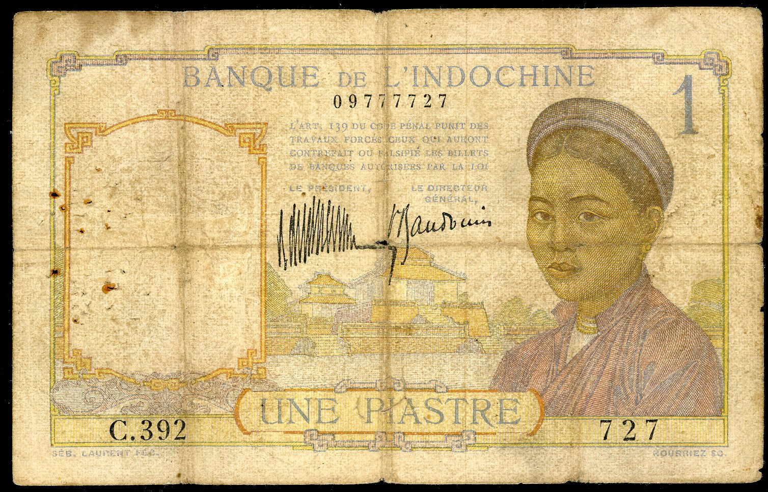 1932 Banque Lindochine French Indo China 1 Piastre Pick 52 Blue Numeral 1 Rare