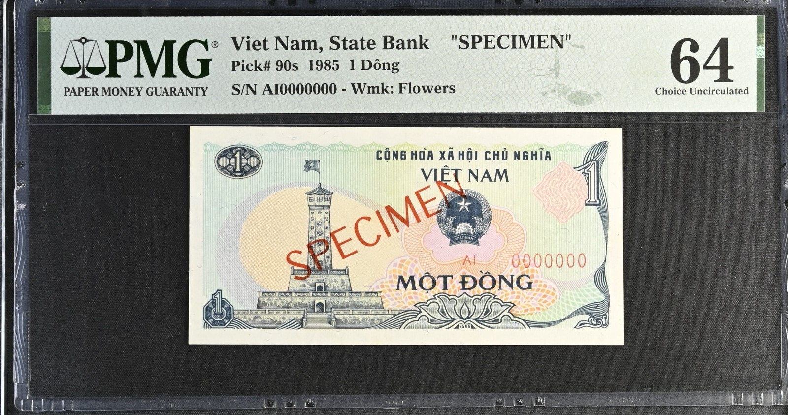 Vietnam P-90s 1 Dong 1985 Block AI Specimen PMG 64