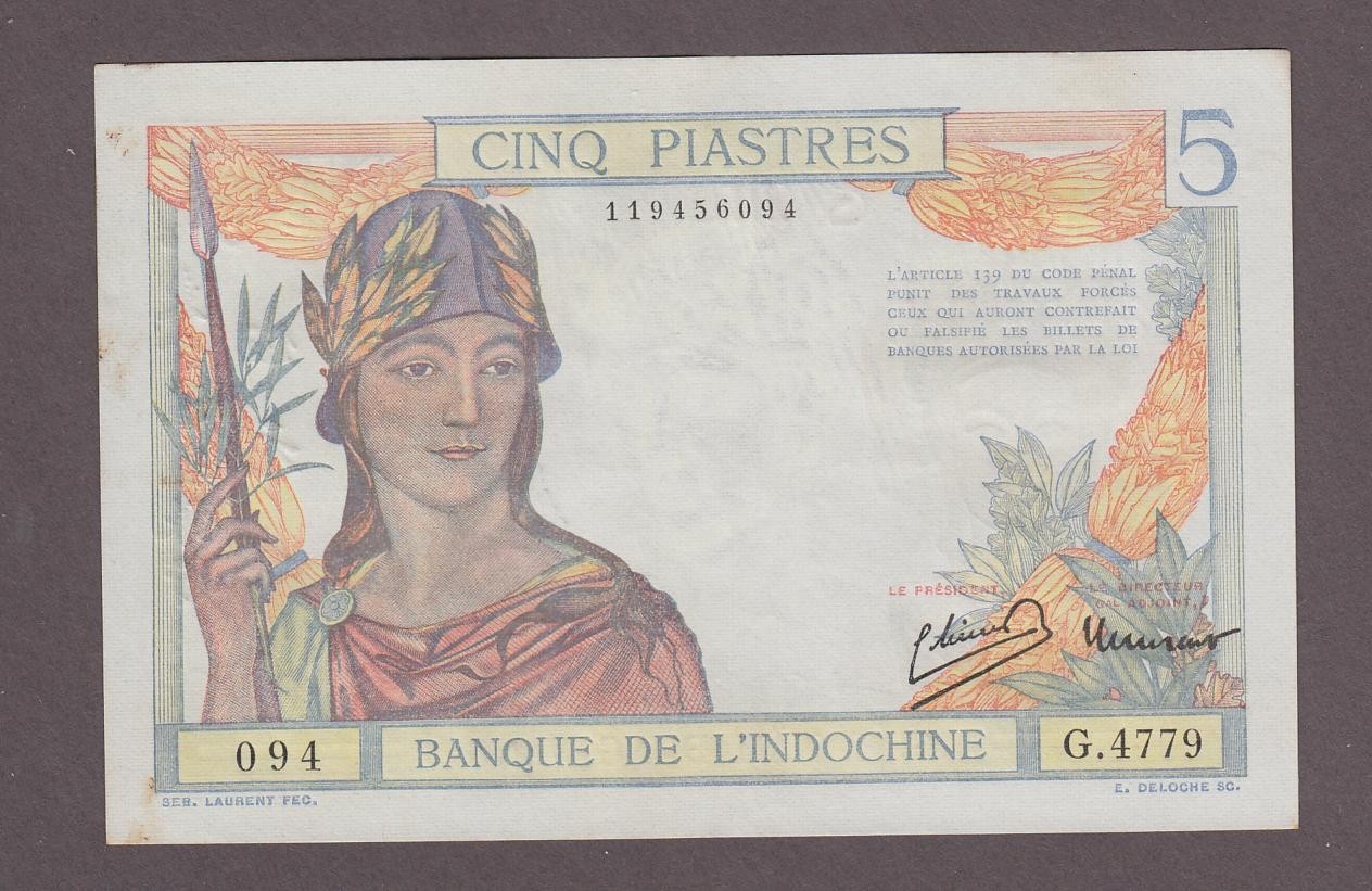 French Indochina 5 Piastres Banknote P-55c ND 1946