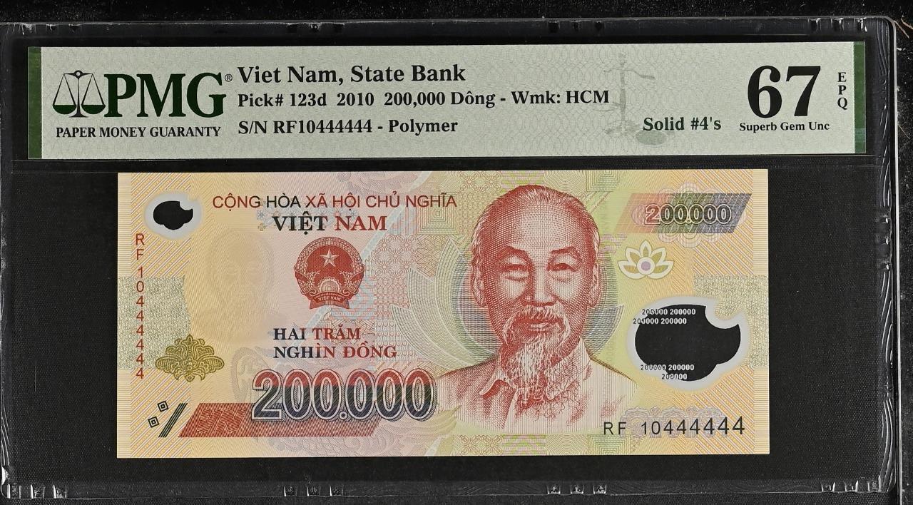 Vietnam P-123d 200,000 Dong 2010 Solid #4’s PMG 67 EPQ