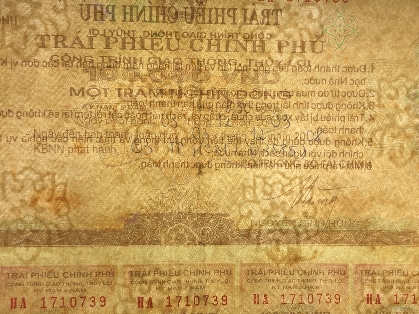 100,000 Dong Payment Bond Cheque Unpaid 2003 Original Vintage Rare_LDP Shop.