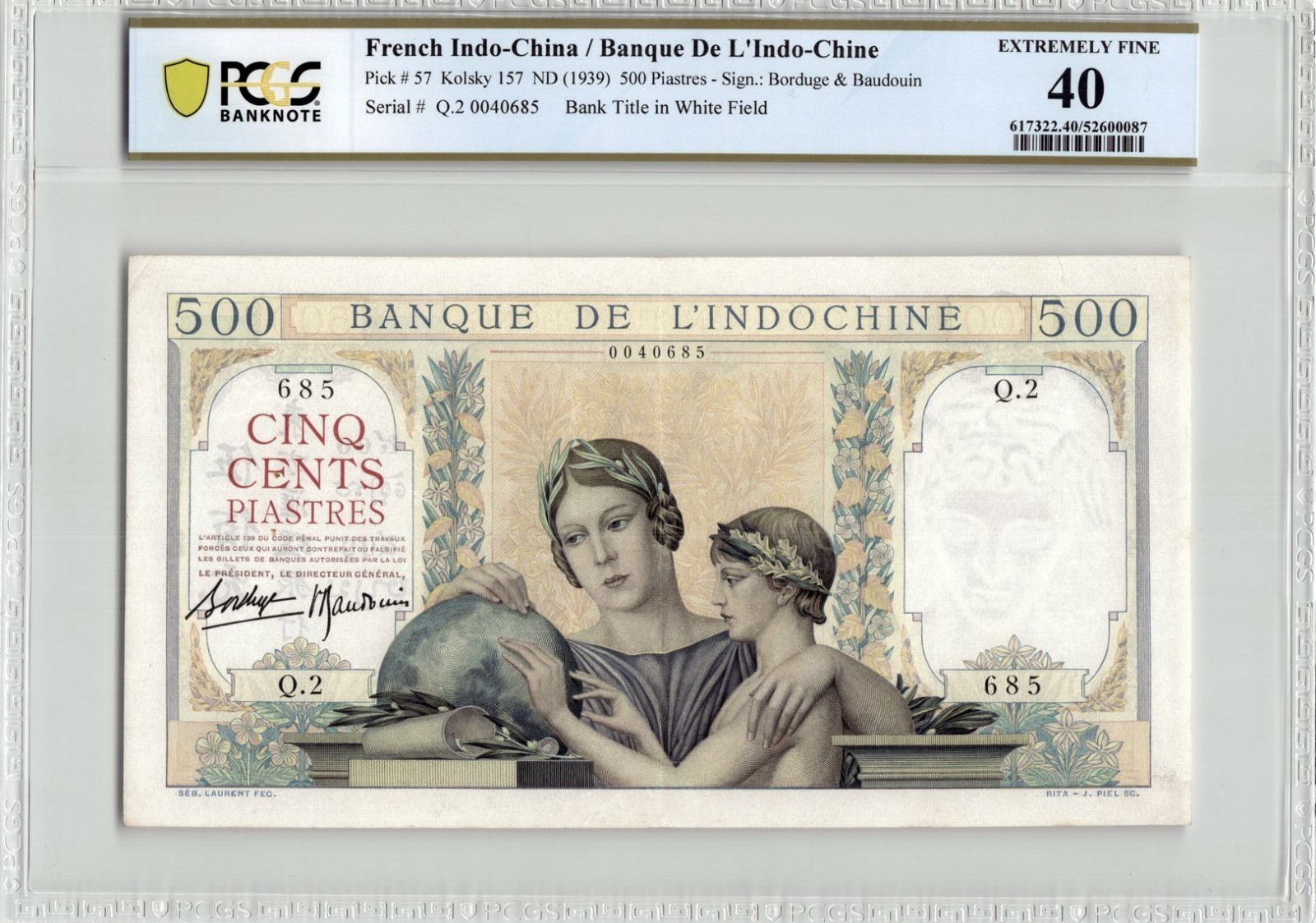 French Indochina ND (1939) 500 Piastres Pick 57 PCGS 40. Serial # Q.2…