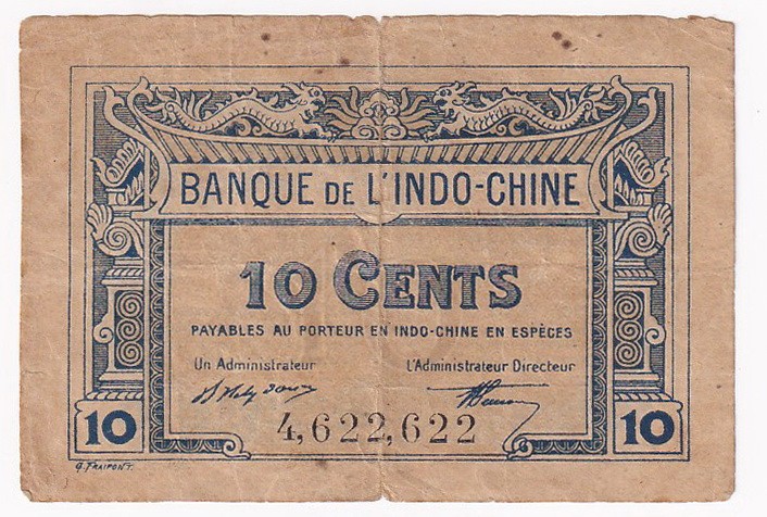 Indochina 1919 10 Cents Sign 5, Pick # 43. Black Serial Number Serial #4,622,622