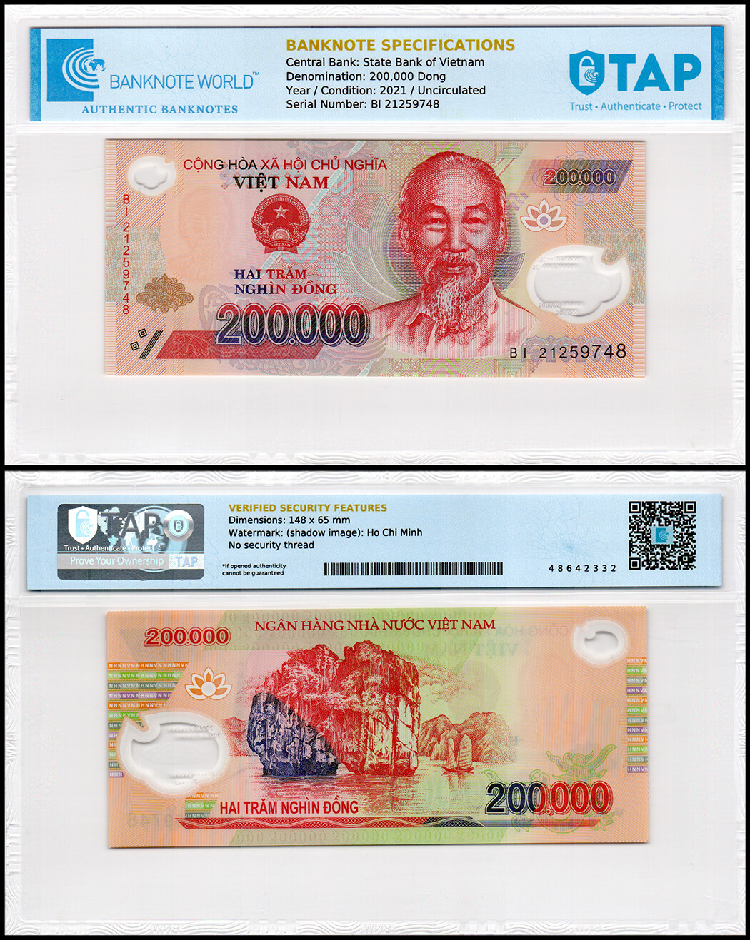 Vietnam 200000 Dong, 2021, P-123l, UNC, Polymer, Authenticated Banknote