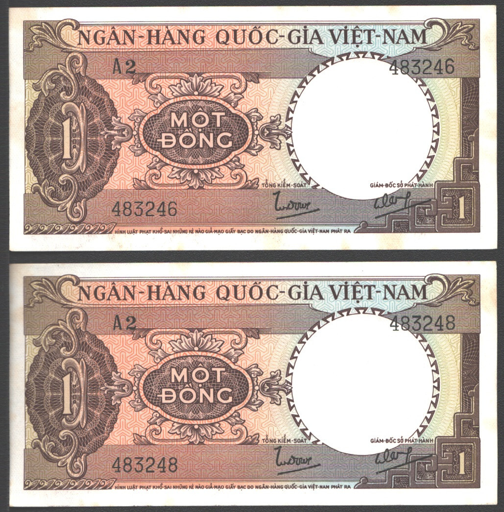 VIETNAM SOUTH 1 DONG 1964 UNC 2 NOTES WITH SOME STAINS,FARMER ON TRACTOR ON BACK