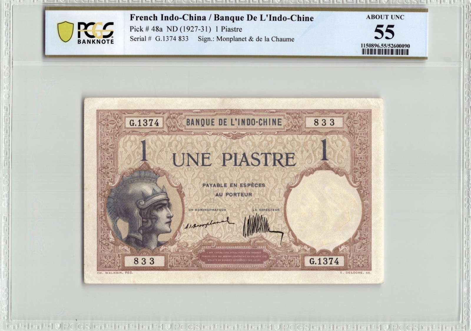 Indochina ND (1927) 1 Piastre Pick 48a Sign 6 PCGS 55. Rare in this Condition.