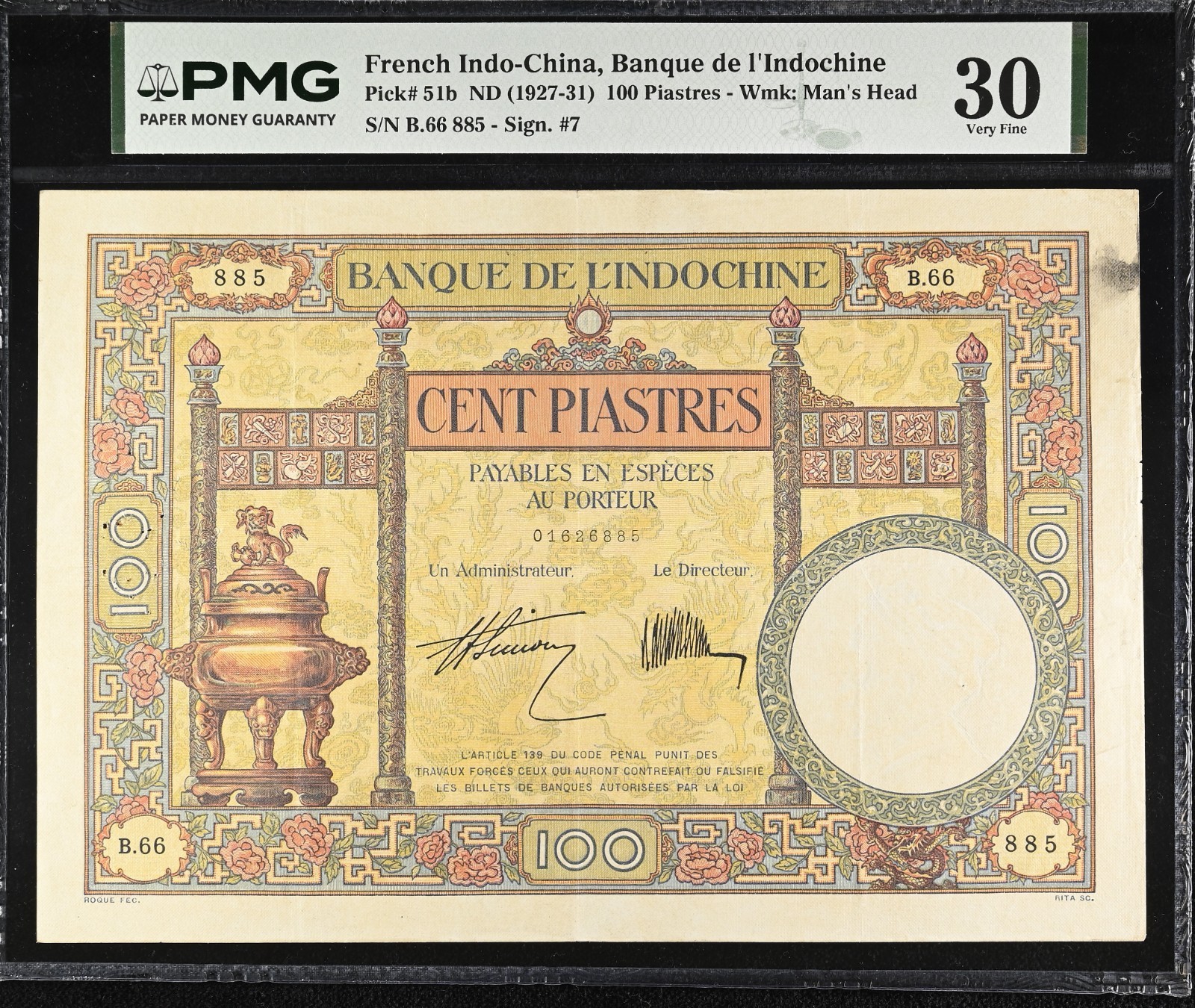 French Indo-China 100 Piastres (1927-31) Pick#51b, PMG 30