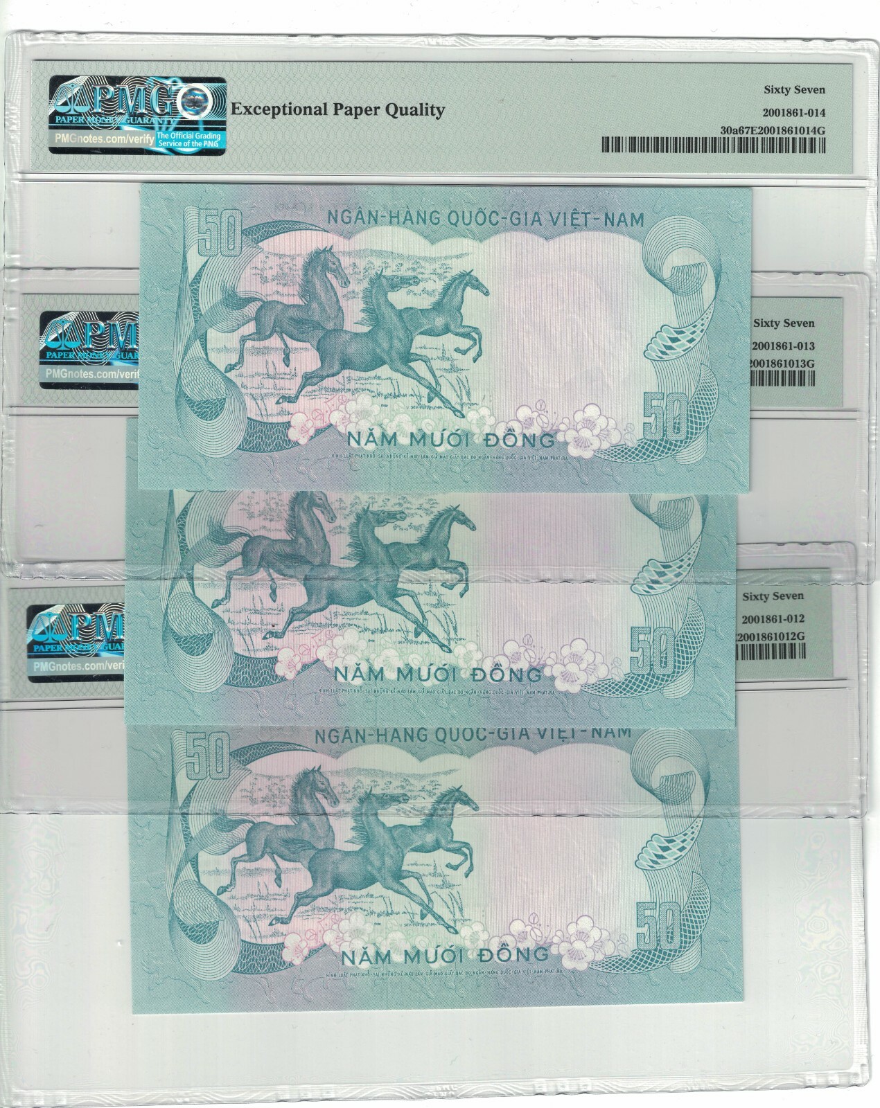 VietNam South Lot of 3 Notes x 50 Dong 1972 PICK# 30a PMG: 67 EPQ GEM. #PL1335