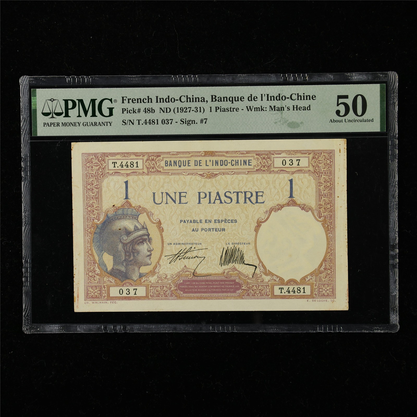 1927-31 French Indo-China Banque de I Indo-Chine 1 Piastre P-48b PMG 50 UNC