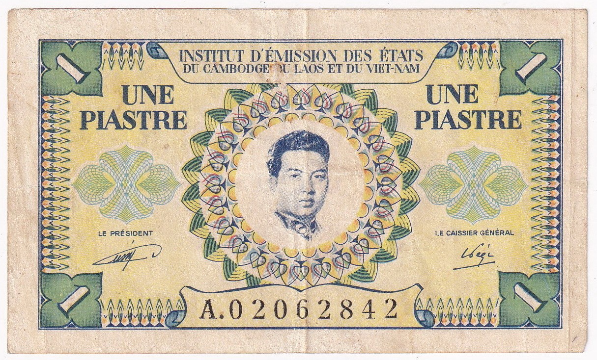 Cambodia Issue Une Piastre ND (1953) Pick 93 Serial# A. 02062842