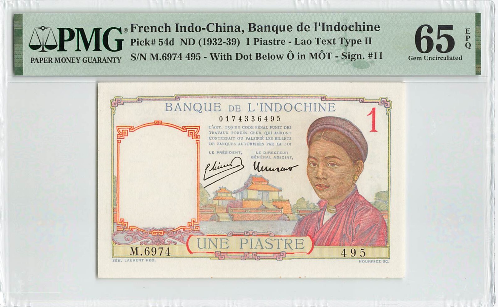 FRENCH INDO CHINA 1 Piastre 1932-1939, P-54d Sign: 11 Lao #2, PMG 65 EPQ Gem UNC