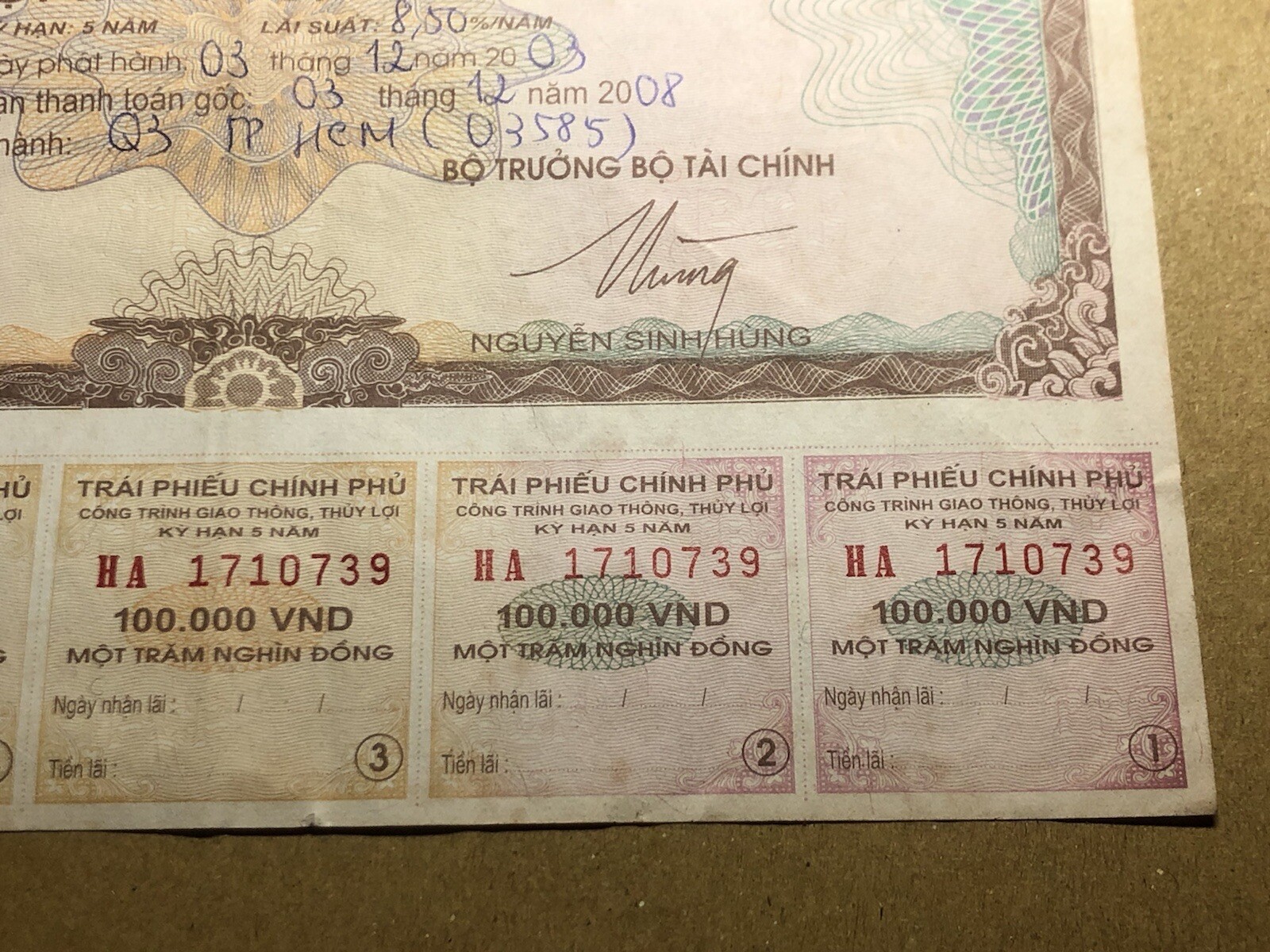 100,000 Dong Payment Bond Cheque Unpaid 2003 Original Vintage Rare_LDP Shop.