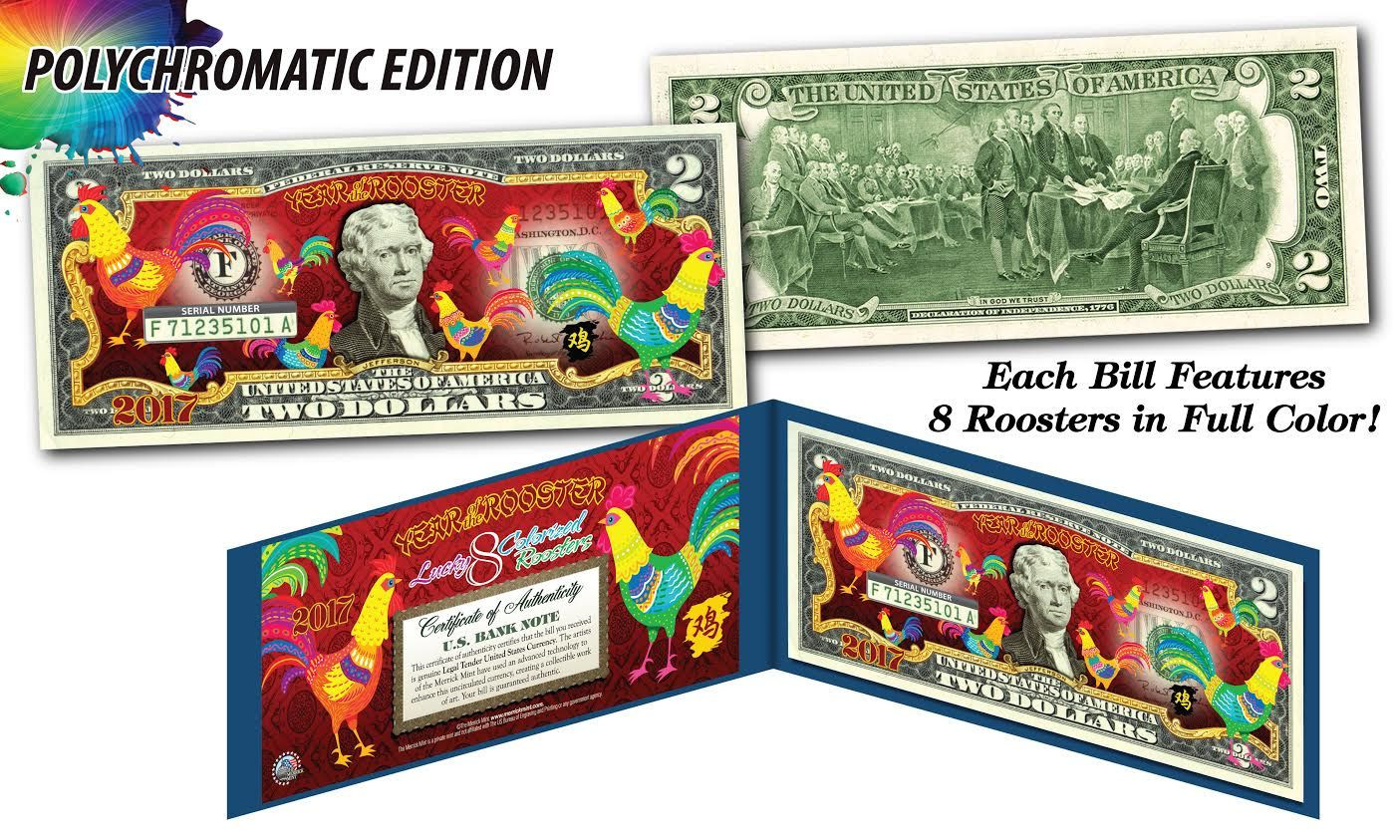2017 CNY Lunar YEAR OF THE ROOSTER Polychromatic 8 Roosters US $2 Bill BLUE (10)