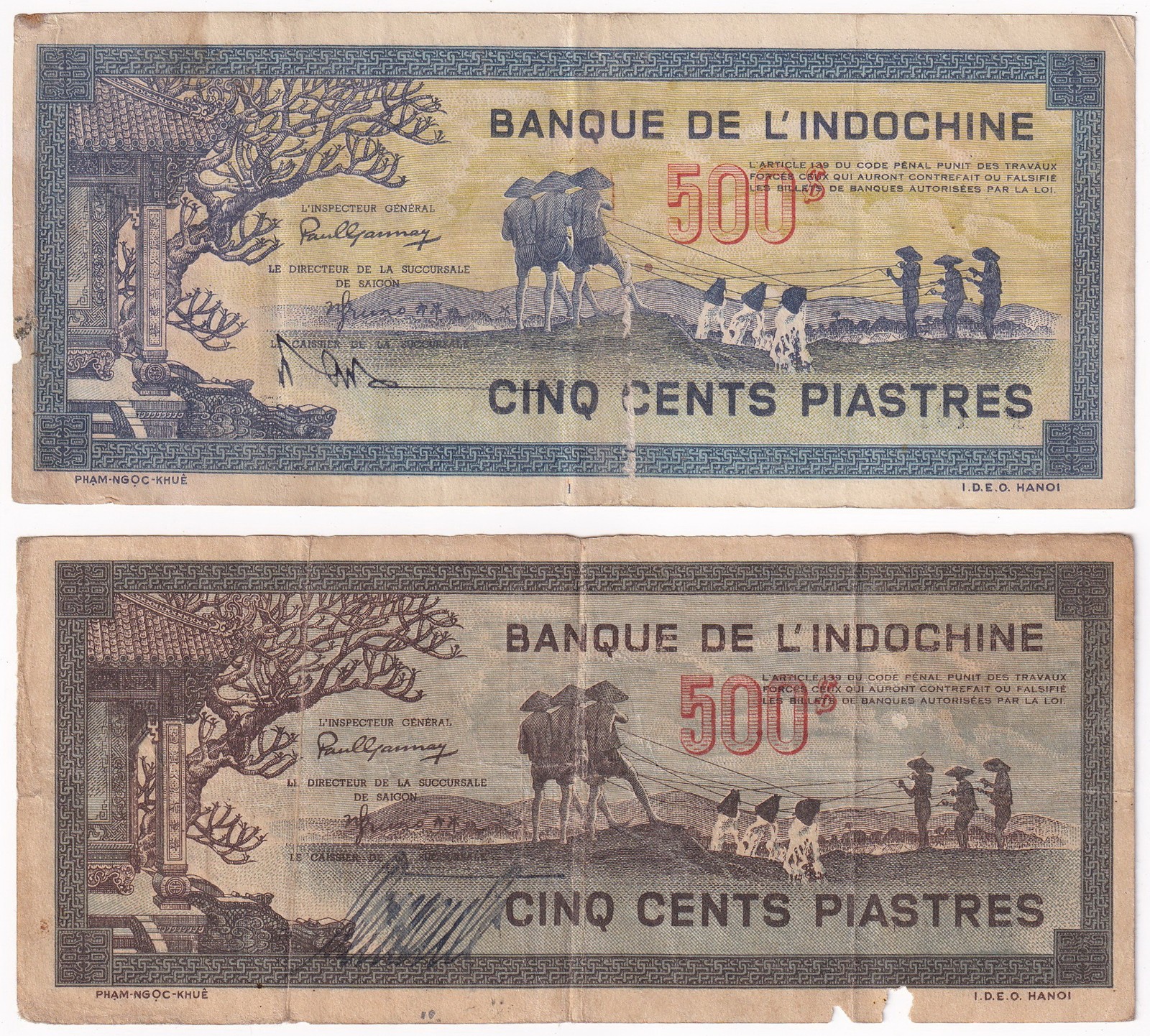 French Indochina 500 Piastres 1944-45 Pick 68 & 69. Two different colors 2 notes