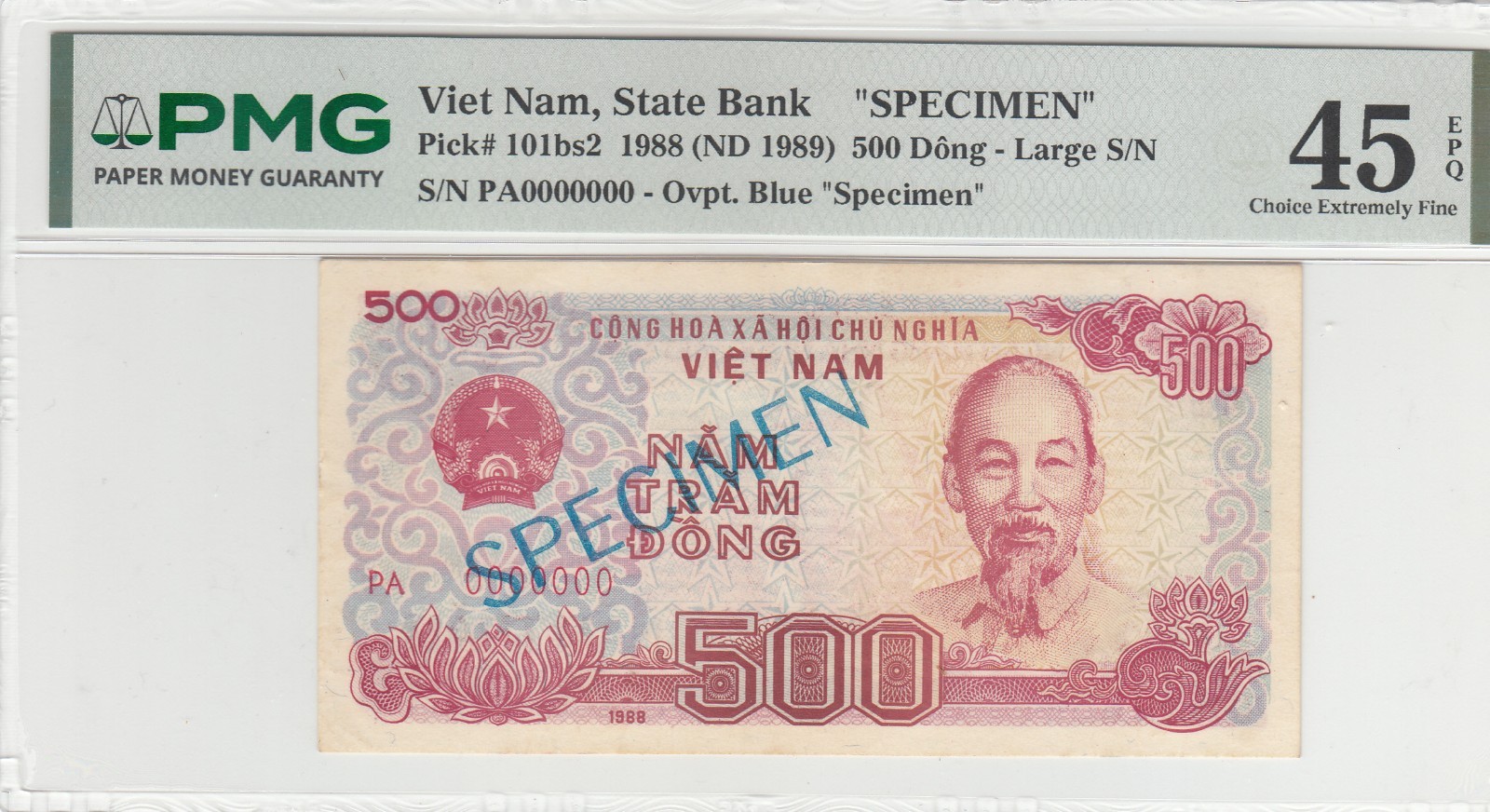 1988 Dem/Rep of Vietnam SPECIMEN, PMG Certified 500 Dong Bank Notes P#101bs2.