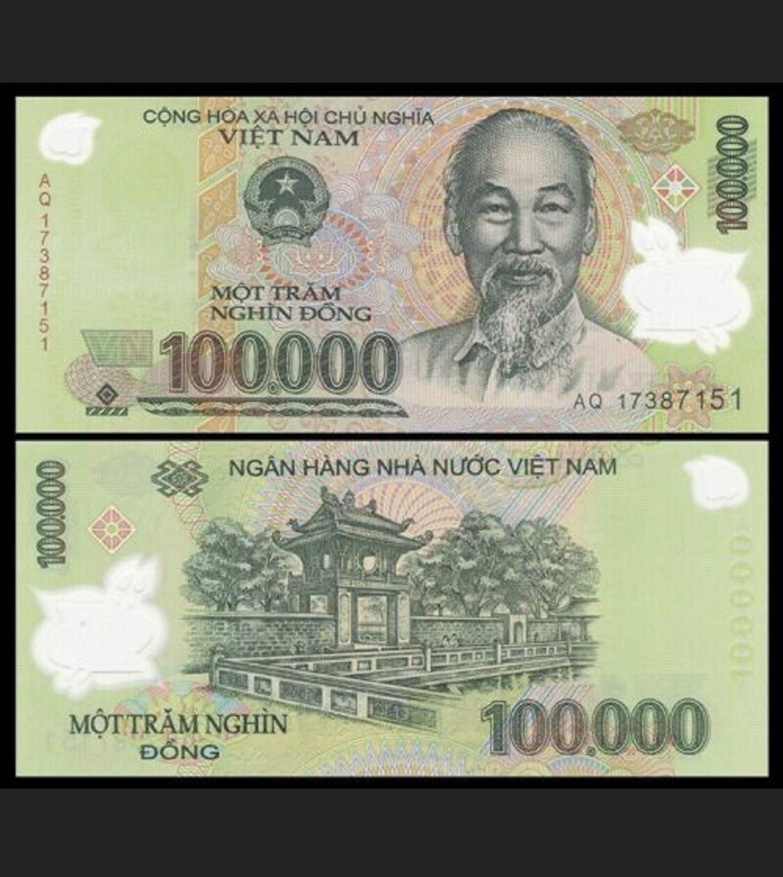 100,000 Vietnamese Dong – One 100K VND UNC Vietnam Polymer Banknote