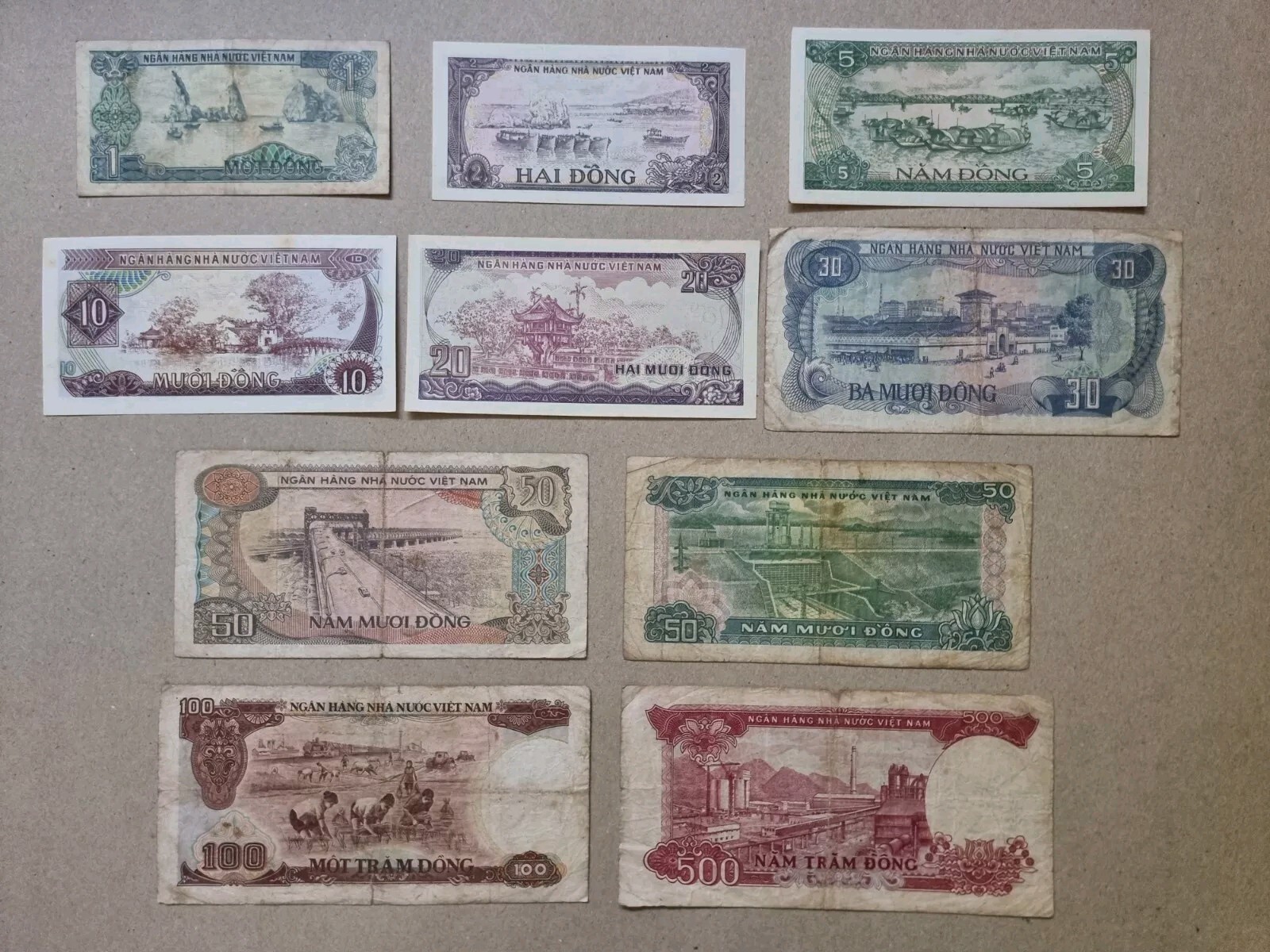 1985 Vietnam 1, 2, 5, 10, 20, 30, 50, 50, 100 & 500 Dong 10 Banknotes Set