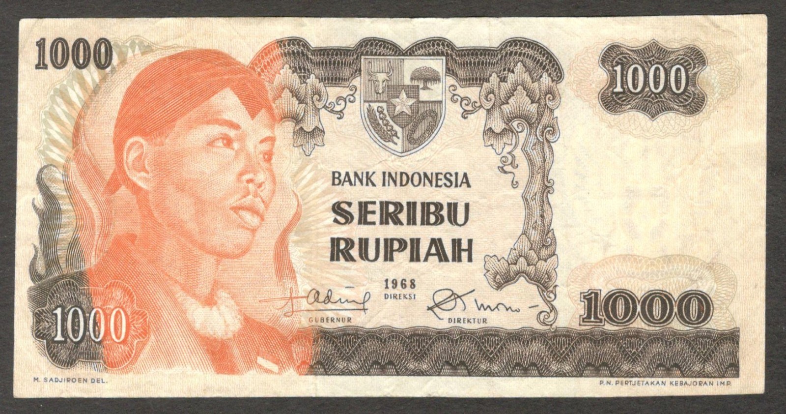 Indonesia 1000 1,000 Rupiah General Sudirman P-110 1968 VF