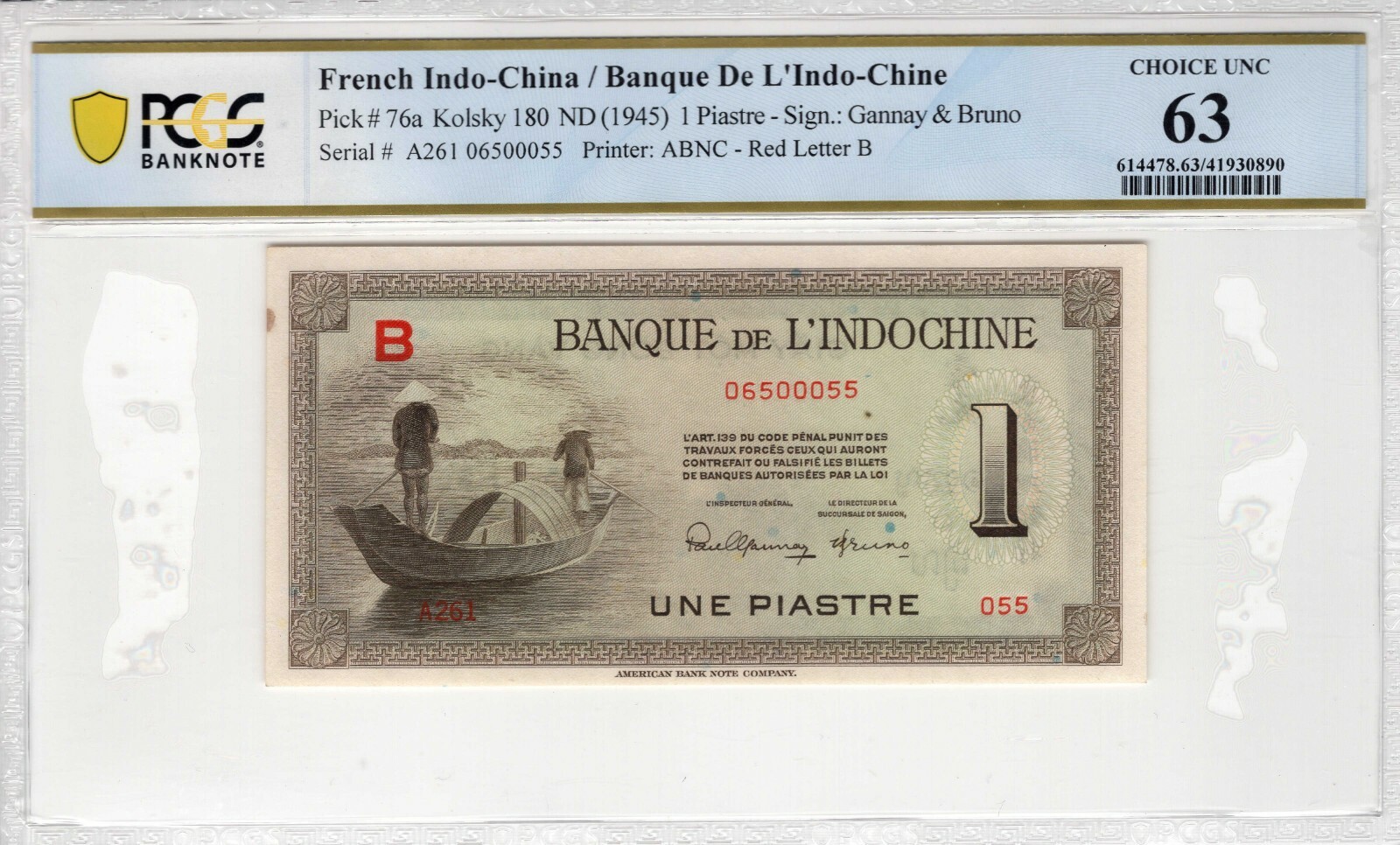 French Indo-China 1945 1 Piastre PCGS Banknote Certified UNC 63 76a ABNC Red B