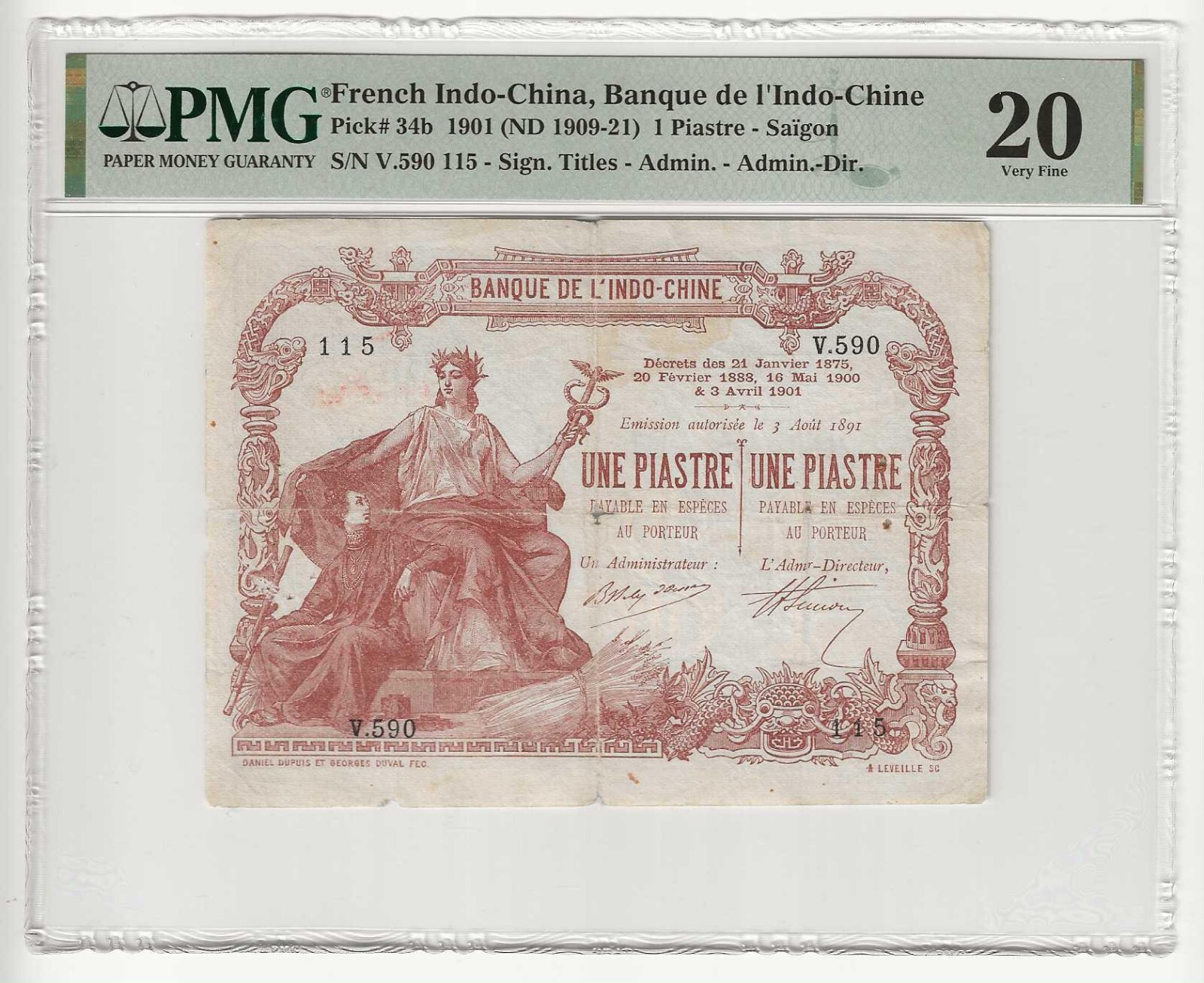 French Indochina/Vietnam 1901 PMG SaiGon 1 Piastre Banknotes P# 34b.