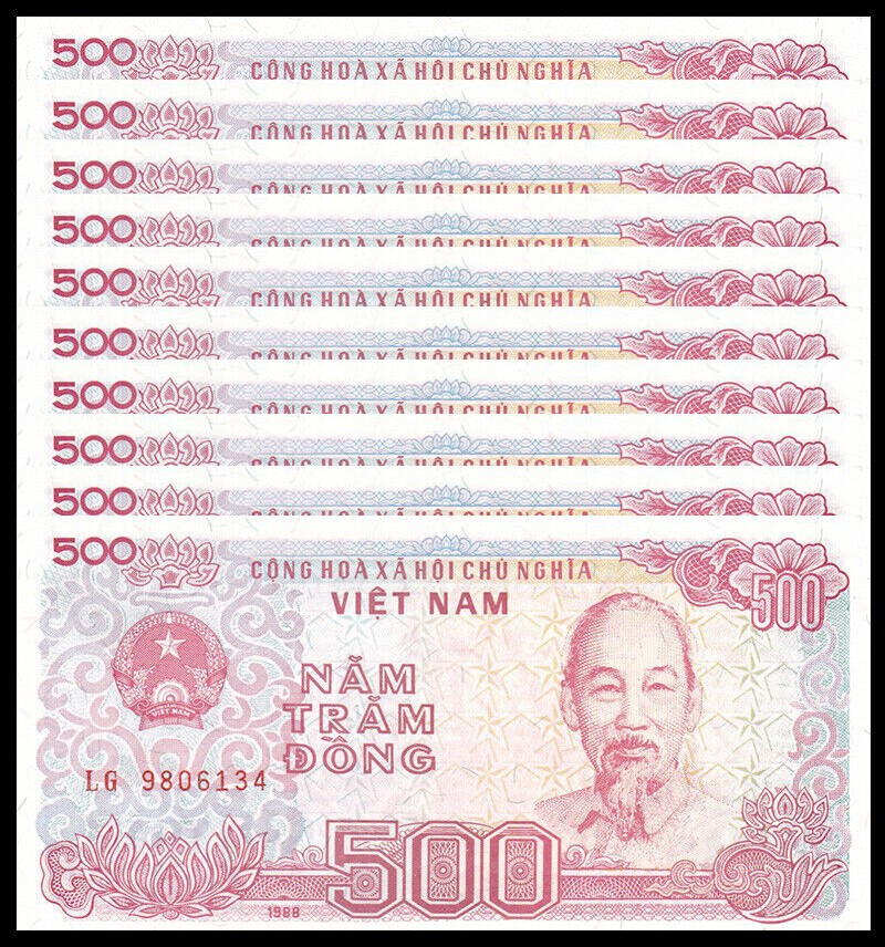 Lot of 10 Vietnamese 500 Dong Banknotes Vietnam Uncirculated UNC