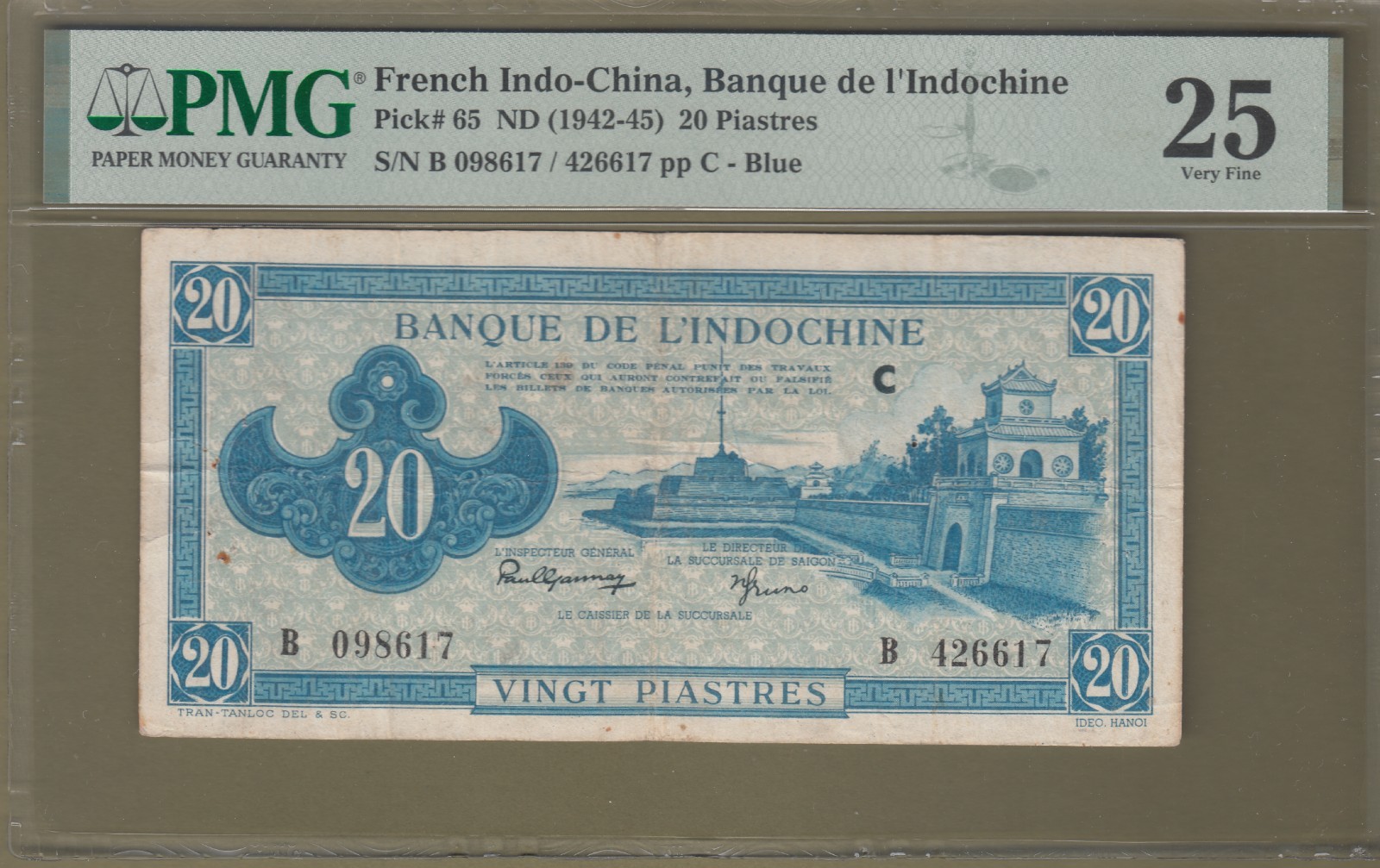 French Indochina/Vietnam 1942-45 PMG Certified 20 Piastres Banknotes P# 65 VF25.