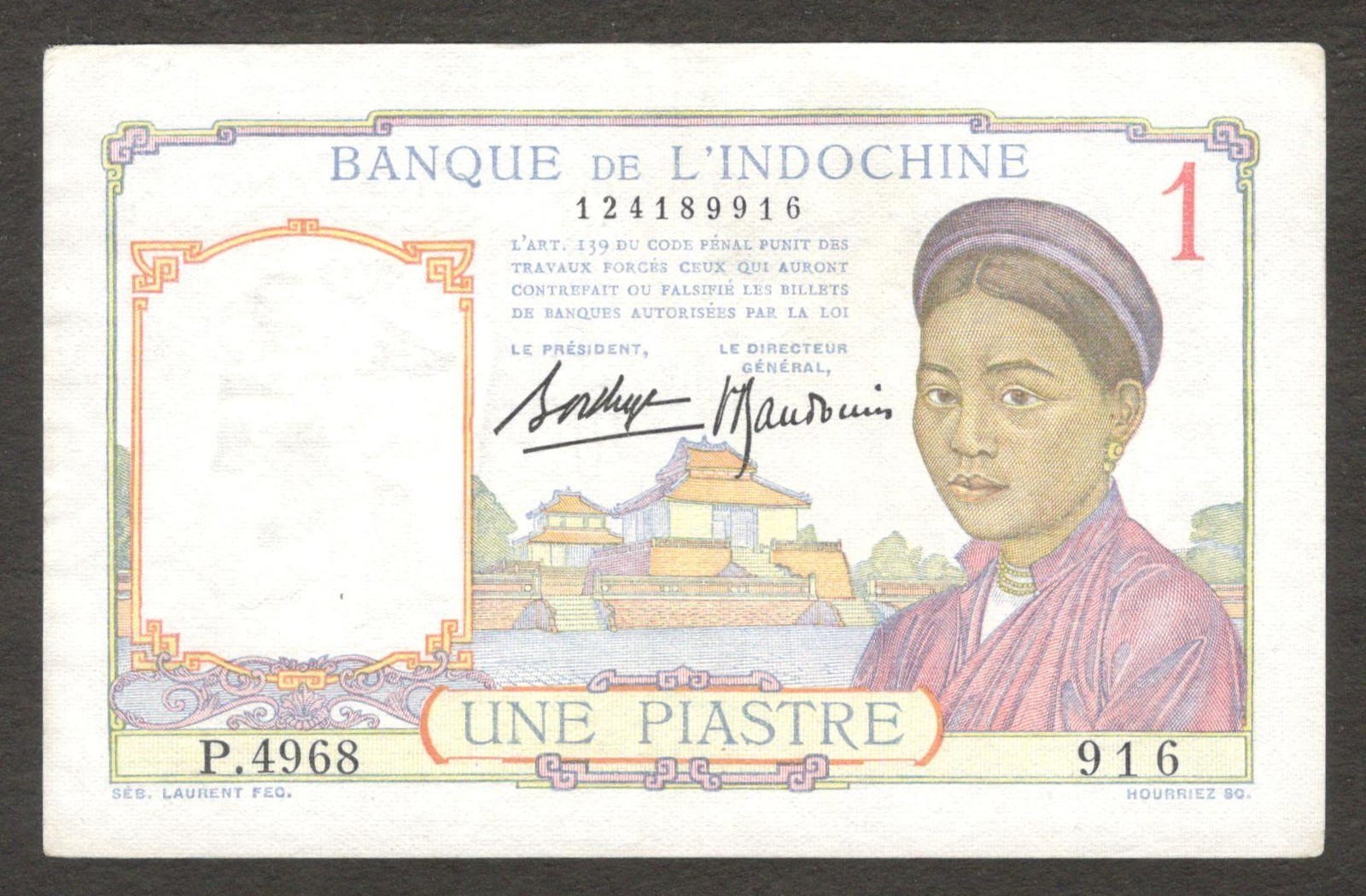 French Indochina Vietnam 1 Piastre With Dot under ‘O’ P-54b 1936 aUNC No Hole