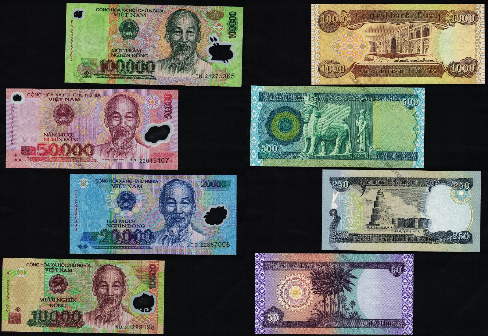 100000 50000 20000 10000 Dong Vietnam + 1000 500 250 50 Dinars Iraq Uncirculated