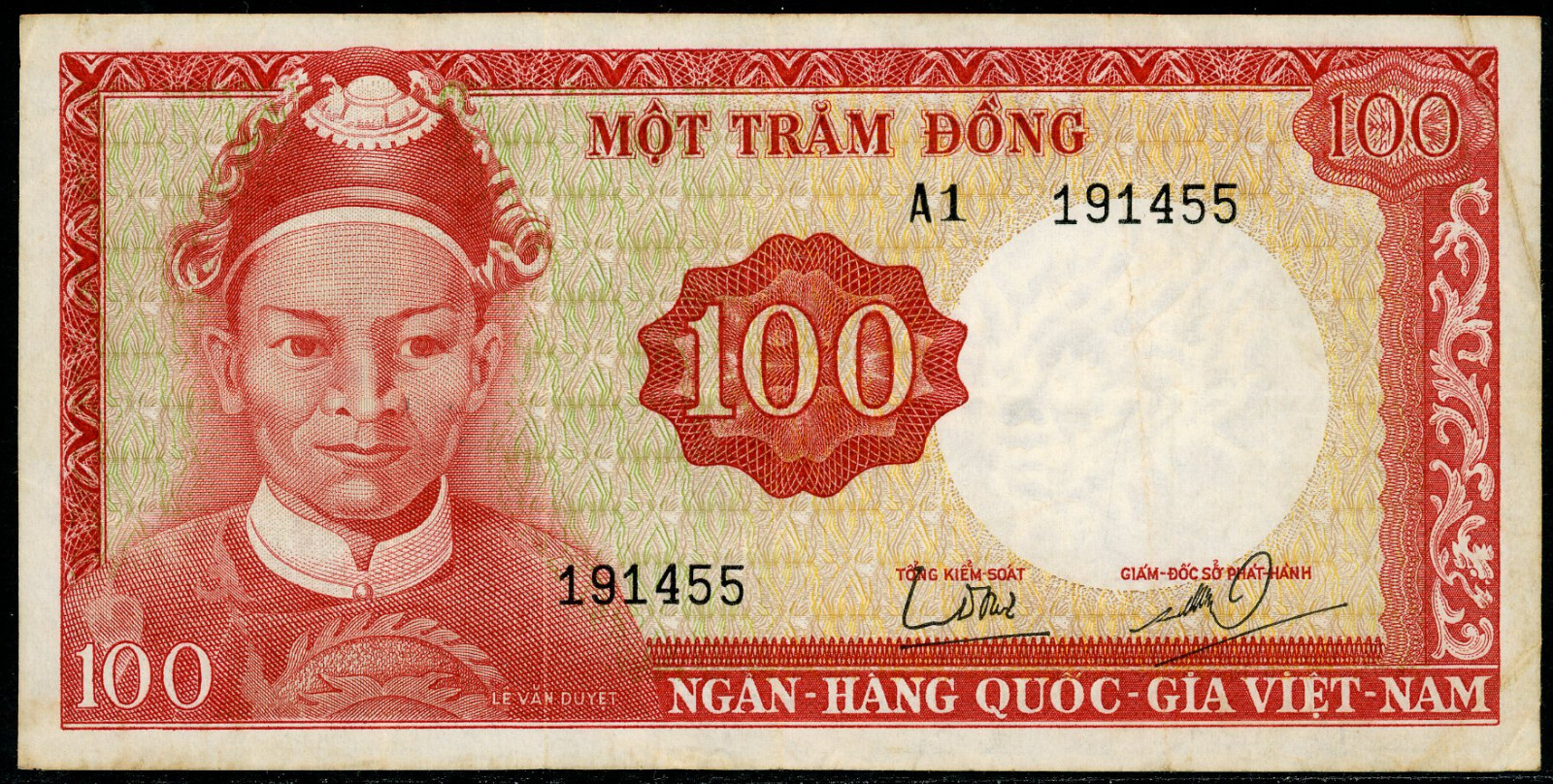 1966 South Vietnam 100 Dong 19a Demon Watermark FIRST PREFIX A1