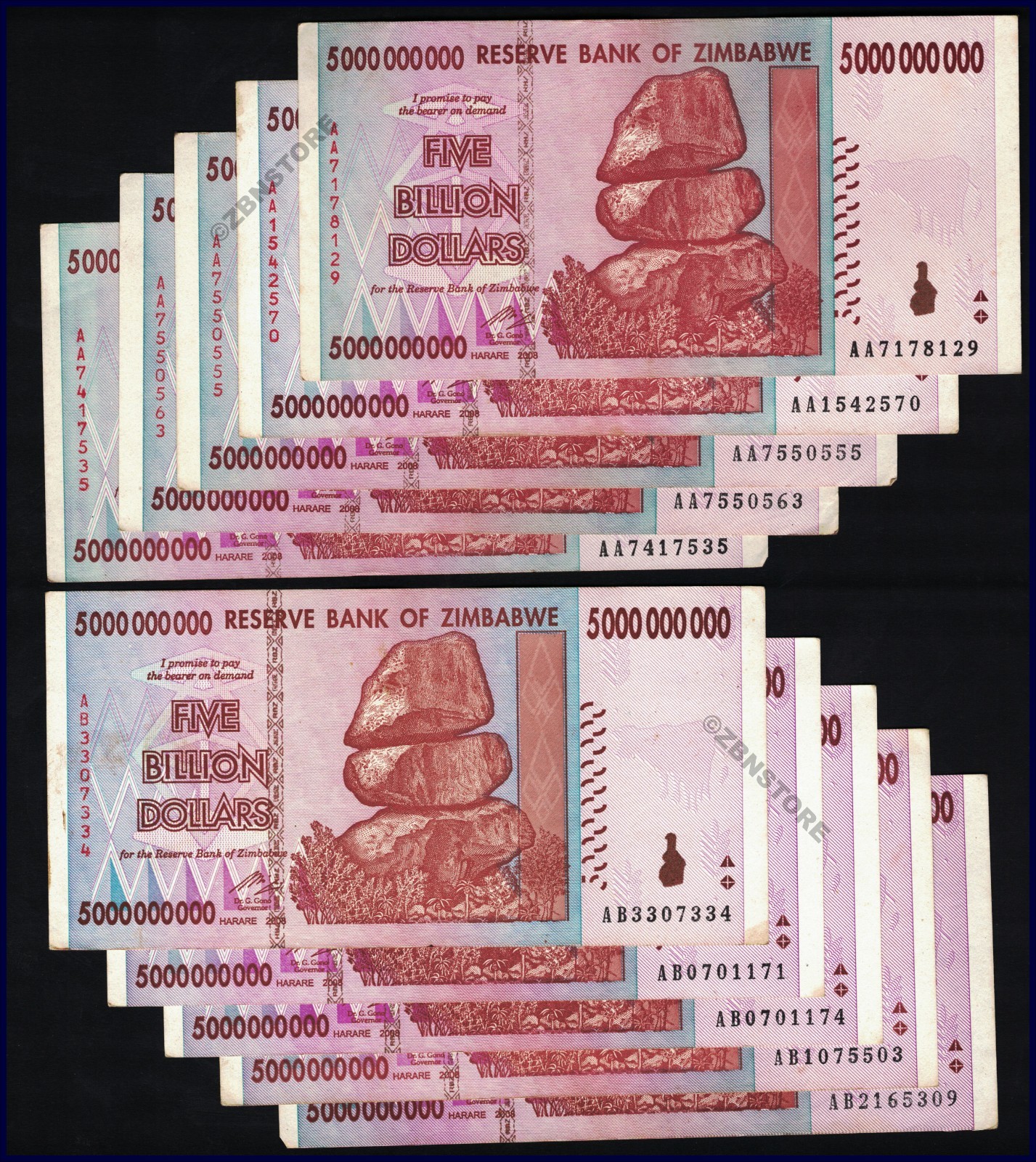 10 x 5 Billion Zimbabwe Dollars + 1 x 50,000 Vietnam Dong Banknotes VND Currency