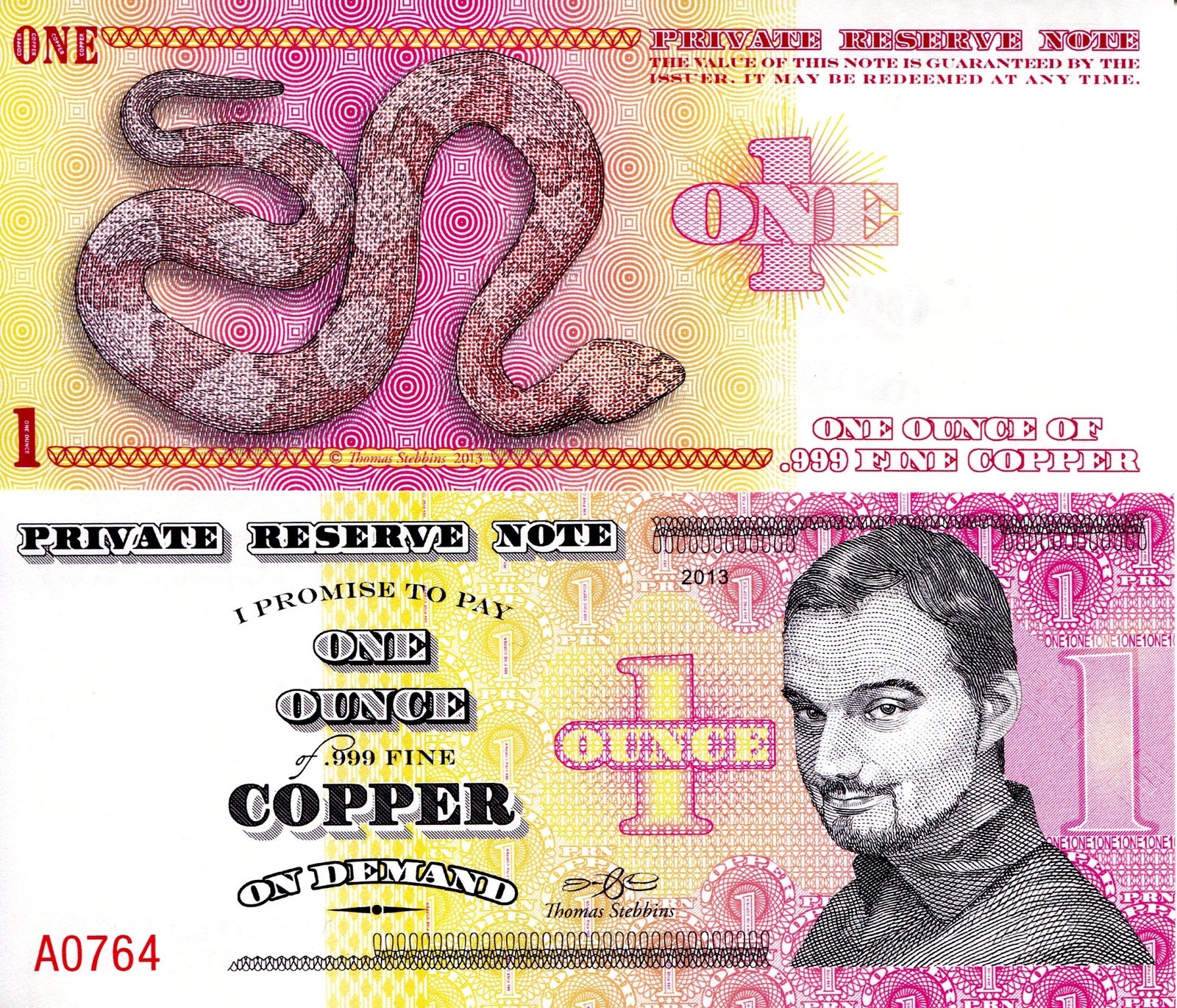 Private Reserve Note – 1 OUNCE COPPER – Tom Stebbins Self-Portrait, Copperhead!