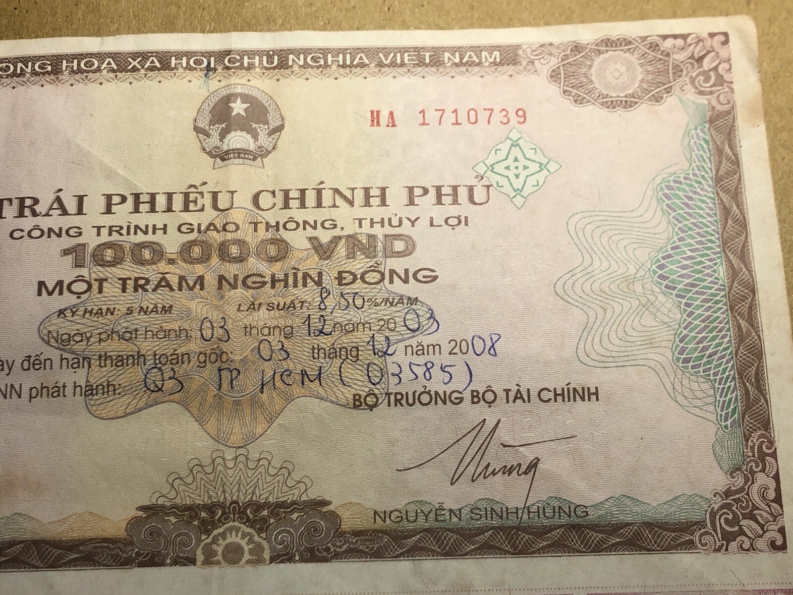 100,000 Dong Payment Bond Cheque Unpaid 2003 Original Vintage Rare_LDP Shop.