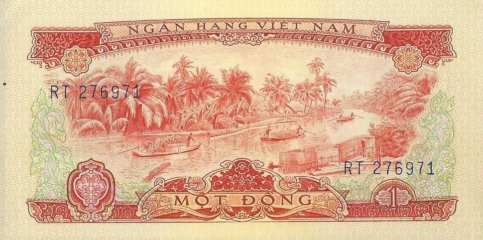 South Viet Nam P40a, 1 Dồng, boats on river / farmers with oxen, 1966, UNC