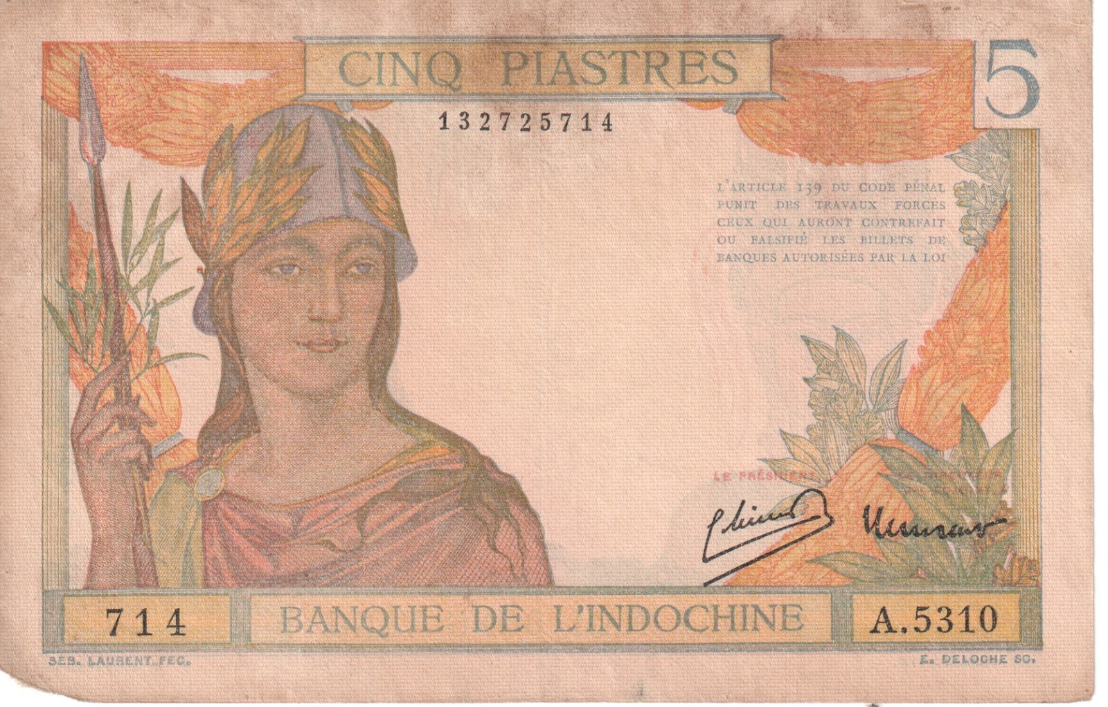 1949 French IndoChina 5 Piastres Banknote – P# 55d – Fine – # 26333