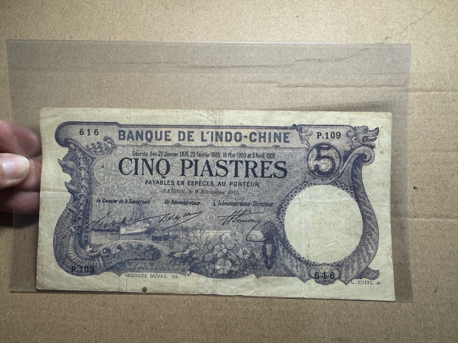5 Piastres Indochine Indochina Banknotes 09/11/1915 P-37b Rare_LDP Shop.